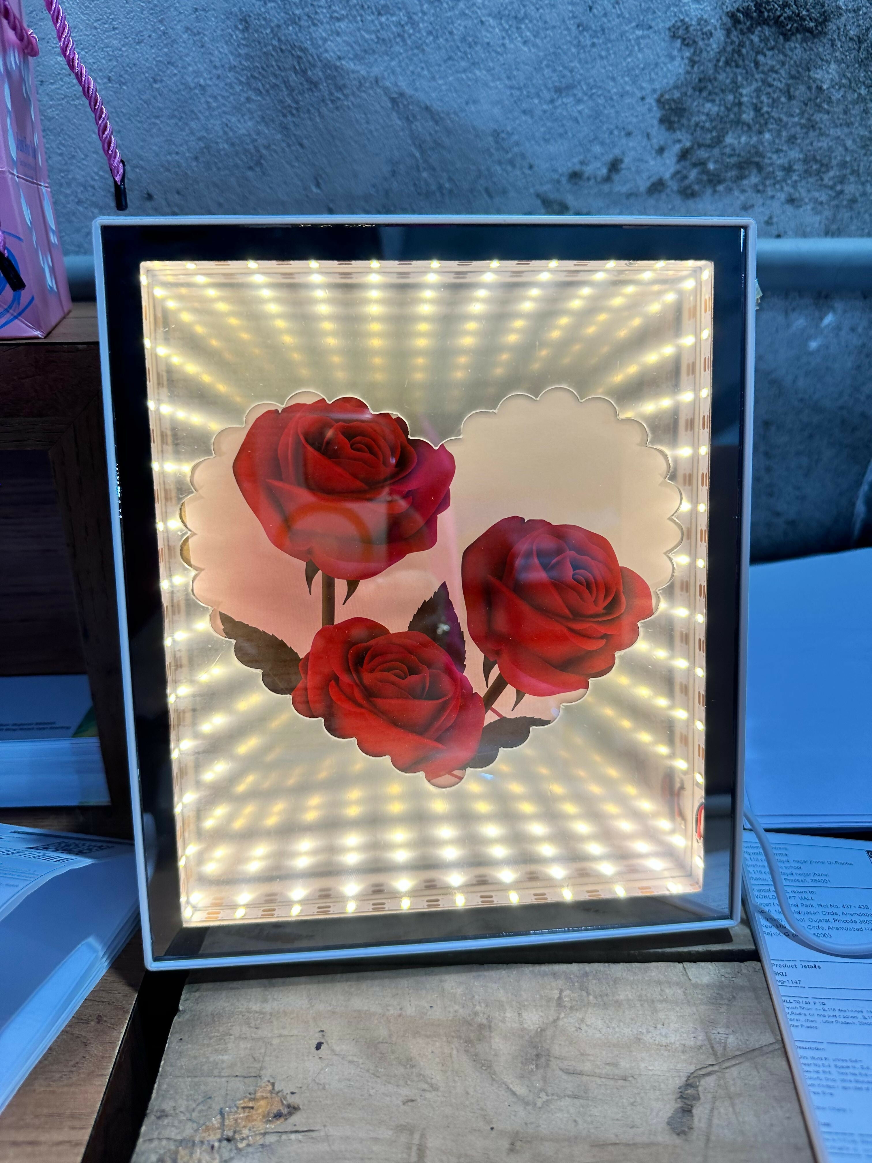 LED Rose Infinity Mirror Light Box | Romantic 3D LED Illusion Heart Shaped Rose Lamp | Decorative Tabletop Night Light for Bedroom, Living Room & Gifts | Valentine’s Day, Anniversary, Wedding, Home Décor