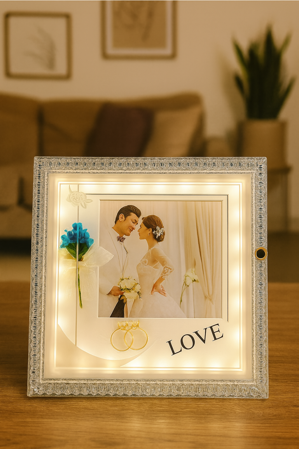Crystal LED Wedding Photo Frame with Golden Rings & Preserved Blue Rose | Luxury Sparkling Diamond-Cut Border | Illuminated Love Frame for Couples | Anniversary, Engagement, Valentine’s & Romantic Gift
