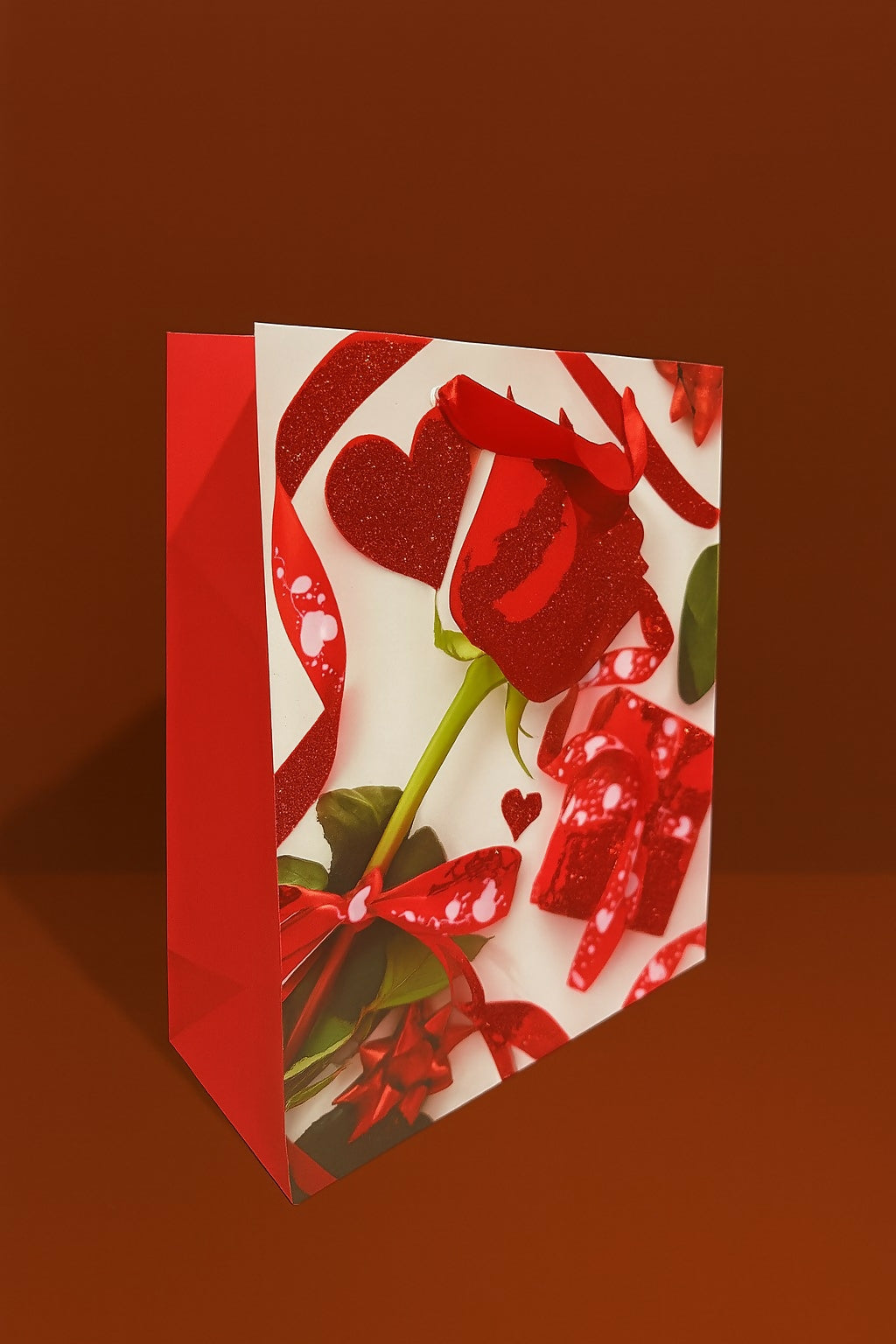 Romantic Rose & Heart-Themed Premium Gift Bags Set – Pack of 3 Medium Size Valentine’s Day and Anniversary Gift Bags with Red Ribbon Handles – Love Theme Party Favor Bags for Him & Her