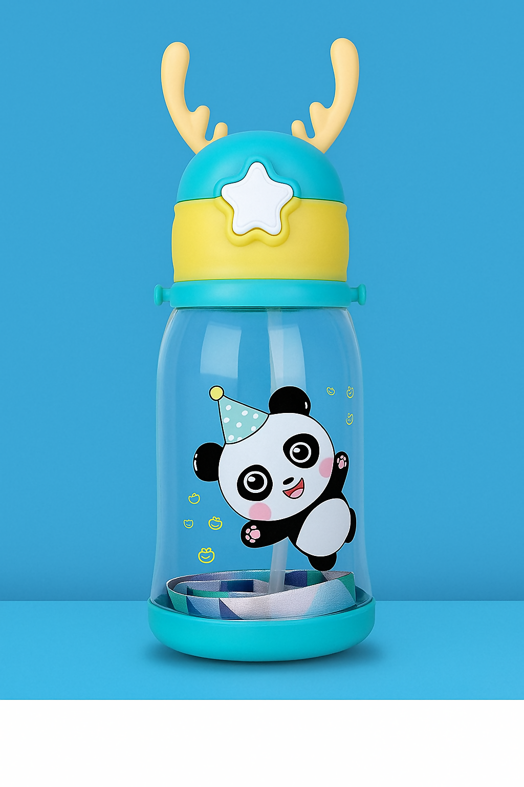Cute Panda Kids Water Bottle – BPA-Free with Straw, Strap & Antler Cap Cute Sipper Water Bottle with Straw Shoulder Strap Leakproof Deer Design Water Bottle for Students Best Birthday Return Gifts