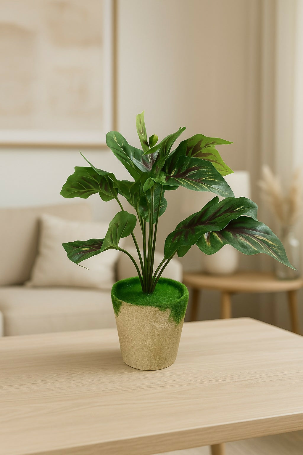 Artificial Decorative Indoor Plant with Green Foliage in Beige Velvet Pot – Realistic Faux Calathea for Home and Office Tabletop Décor