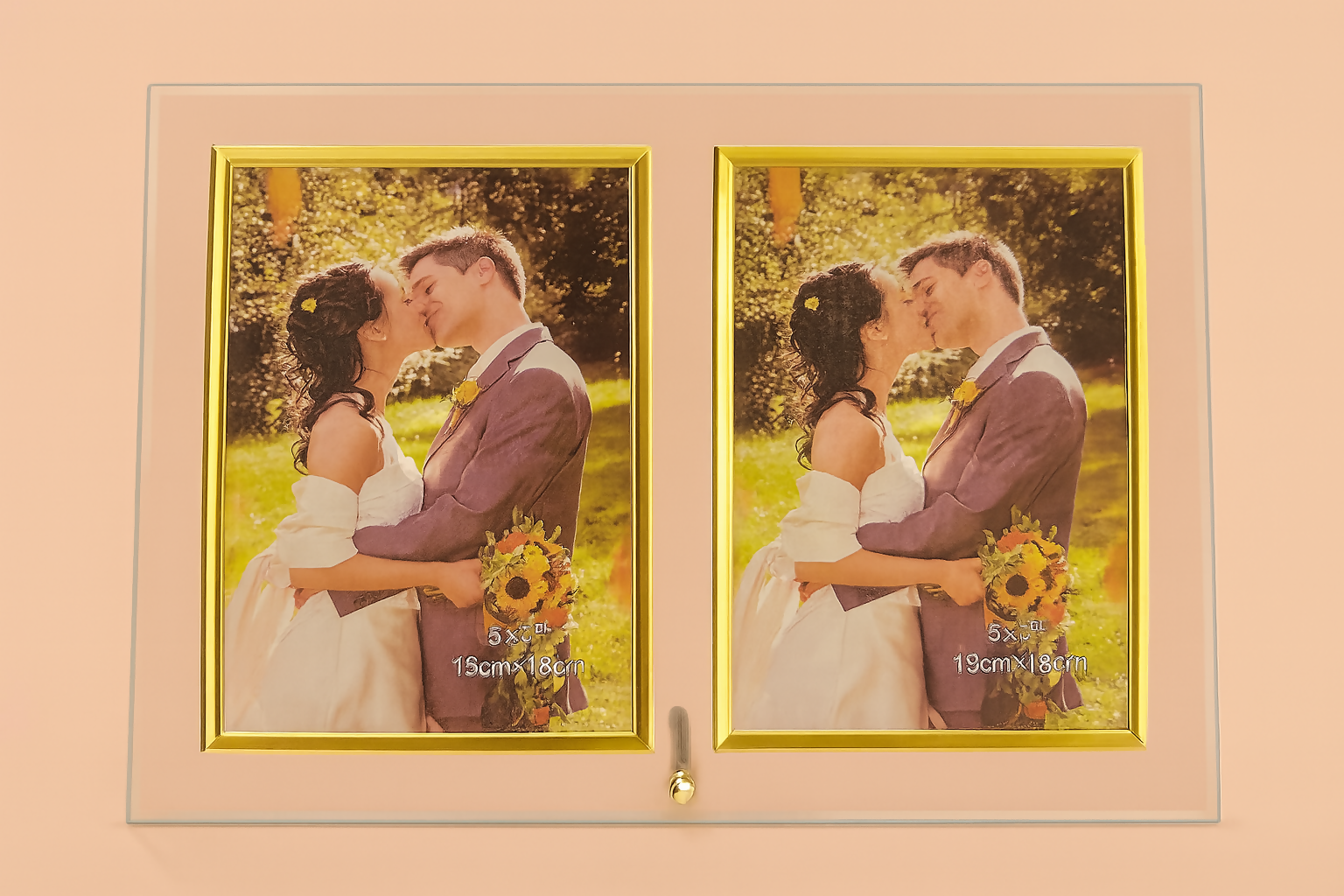 Transparent Double Glass Photo Frame with Gold Borders – 5x7 Inch (13x18cm) Dual Picture Holder for Tabletop – Elegant Display Frame for Home, Office, Wedding & Gift Use