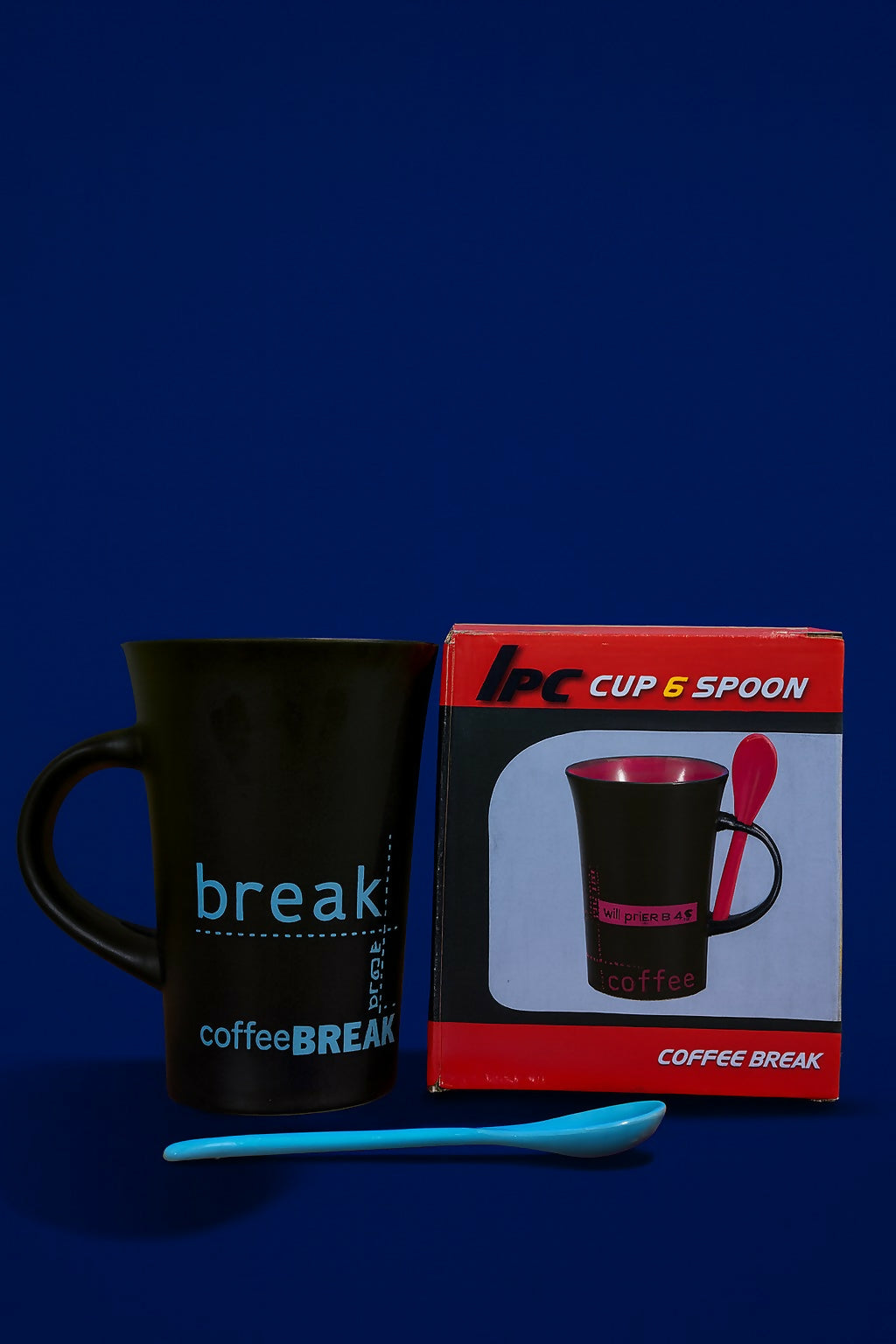 Black Ceramic Coffee Mug with Blue Spoon – Stylish Coffee Break Printed Tea & Coffee Cup with Handle Slot Spoon | Microwave & Dishwasher Safe Mug for Home, Office & Gifting