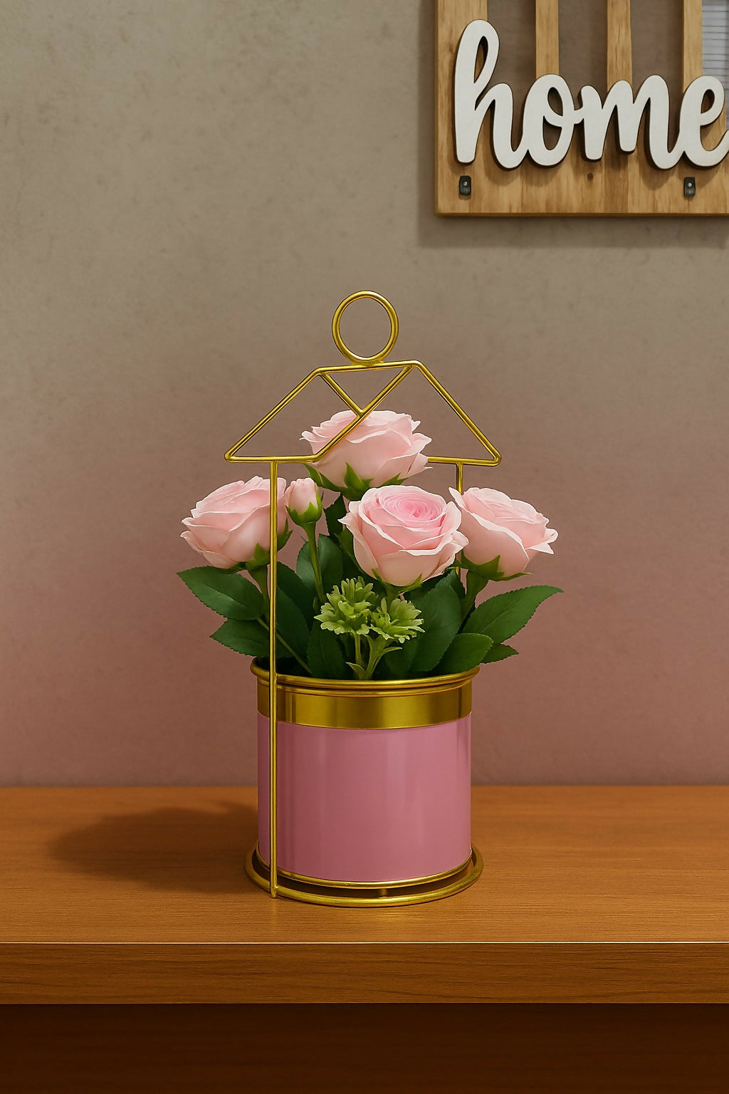 Artificial Light Pink Rose Flower Arrangement in Pink & Gold Metal Pot with Geometric Stand – Elegant Decorative Centerpiece for Home, Office, and Gifting