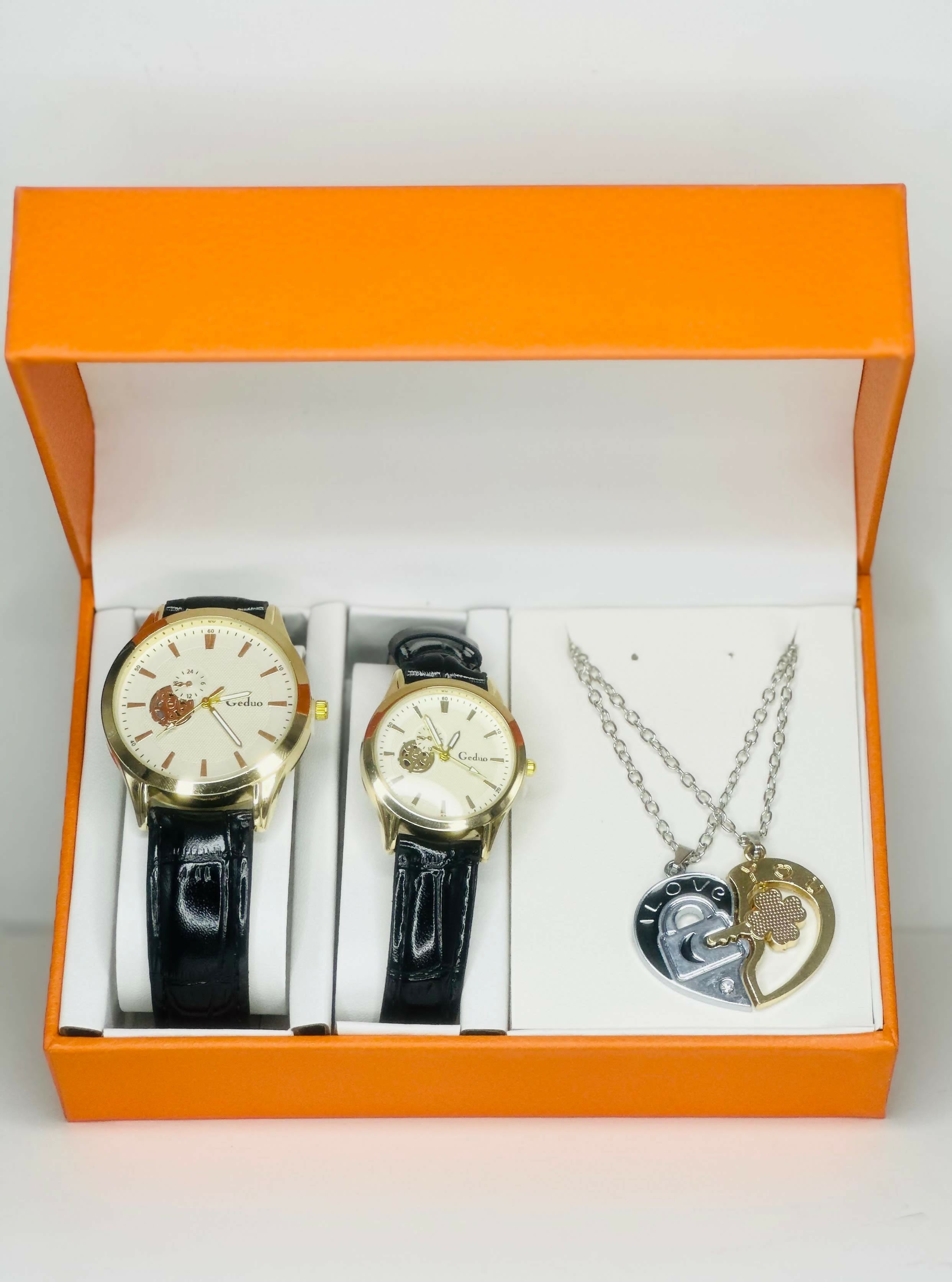 Elegant Couple Watch and Necklace Gift Box – Gold Analog Watches for Him and Her with Black Leather Straps and Matching 'Love' Heart Pendant Necklaces – Ideal for Anniversary, Valentine's Day, or Wedding Gift