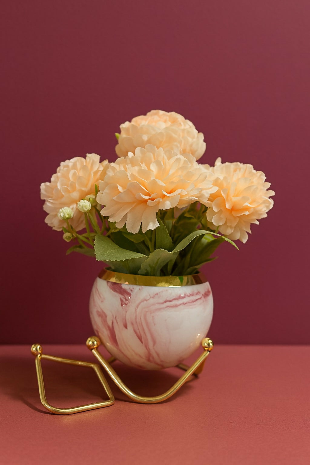 Luxury Artificial Peach Peony Flower Arrangement in White & Pink Marble Finish Ceramic Pot with Gold Rim and Stand – Elegant Table Centerpiece for Home, Office, and Gifting