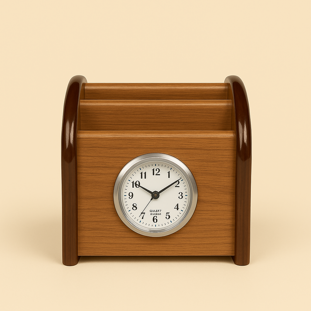 Premium Wooden Desk Organizer with Built-in Analog Clock – Multifunctional Tabletop Stationery Holder for Office, Home & Study Desk – Vintage Walnut Finish with Dual Storage Slots and Classic Timepiece