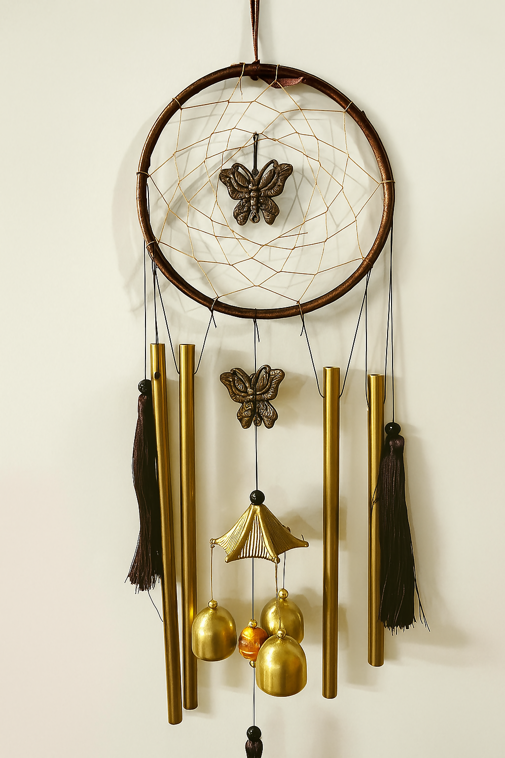 Boho Dreamcatcher Wind Chime with Butterfly Charms and Golden Bells – Handcrafted Metal Tube Chime with Tassels for Positive Energy, Sound Healing & Home Décor – Ideal for Bedroom, Balcony, Meditation Space & Gifts