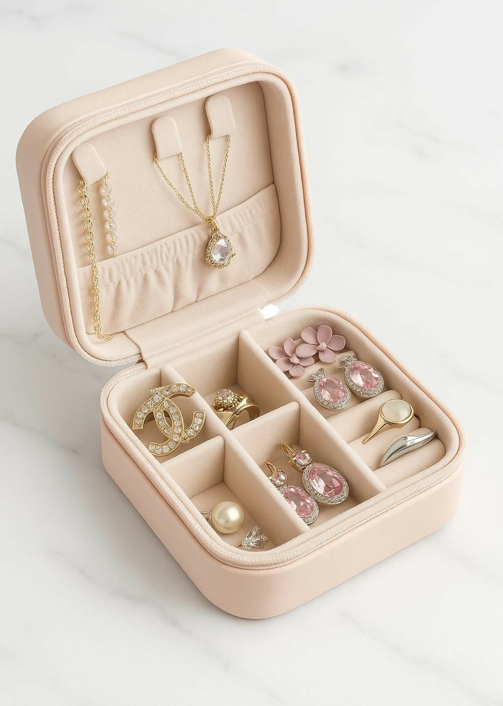 Premium Velvet Travel Jewelry Organizer Box – Compact Portable Storage Case with Compartments (Blush Pink)