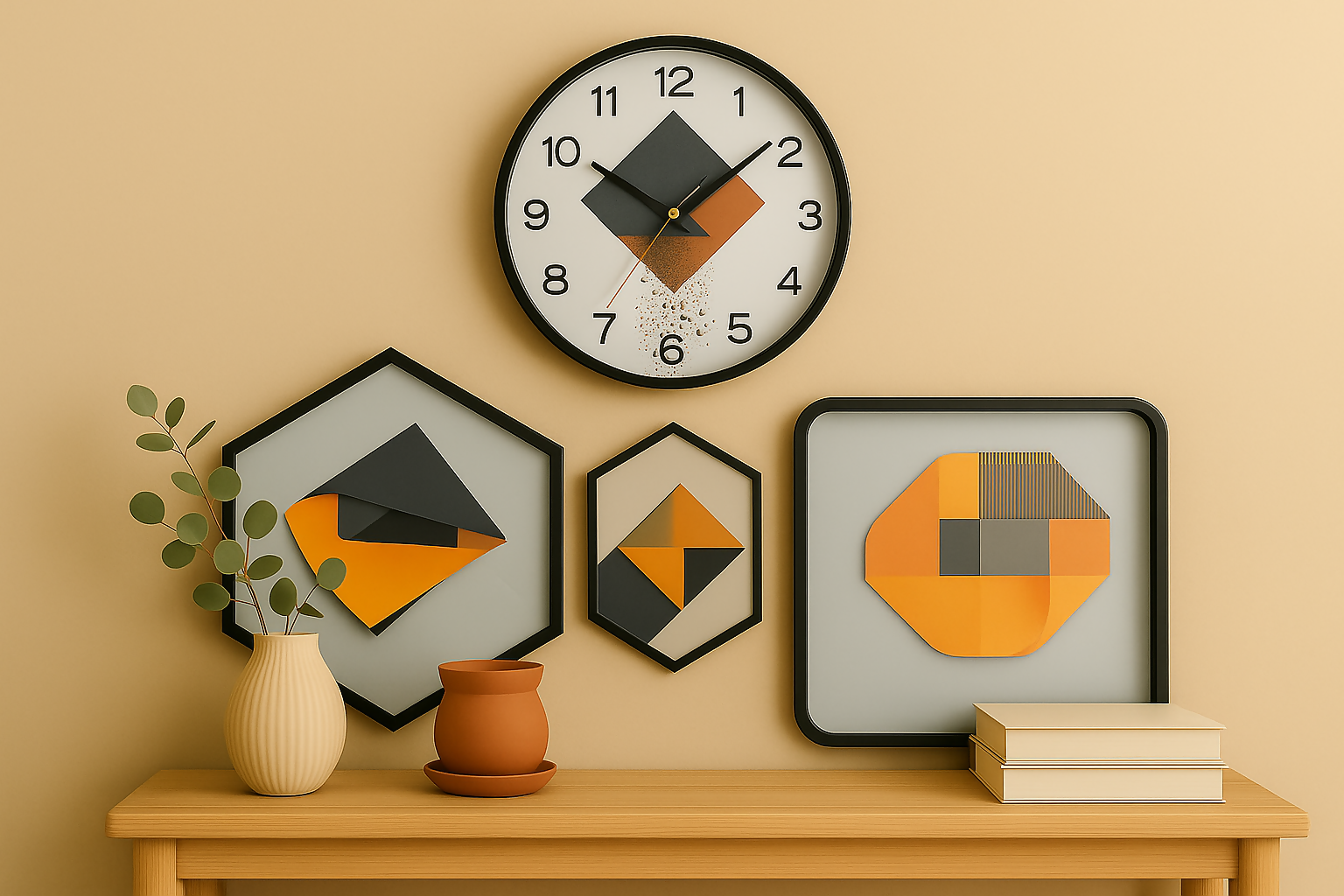HOME DECOR Modern Geometric Wall Clock and Art Panel Set | 3-Piece Abstract Wall Decor with Silent Round Clock, Hexagon & Square Art in Orange and Black – Minimalist Decorative Set for Living Room, Bedroom, Office
