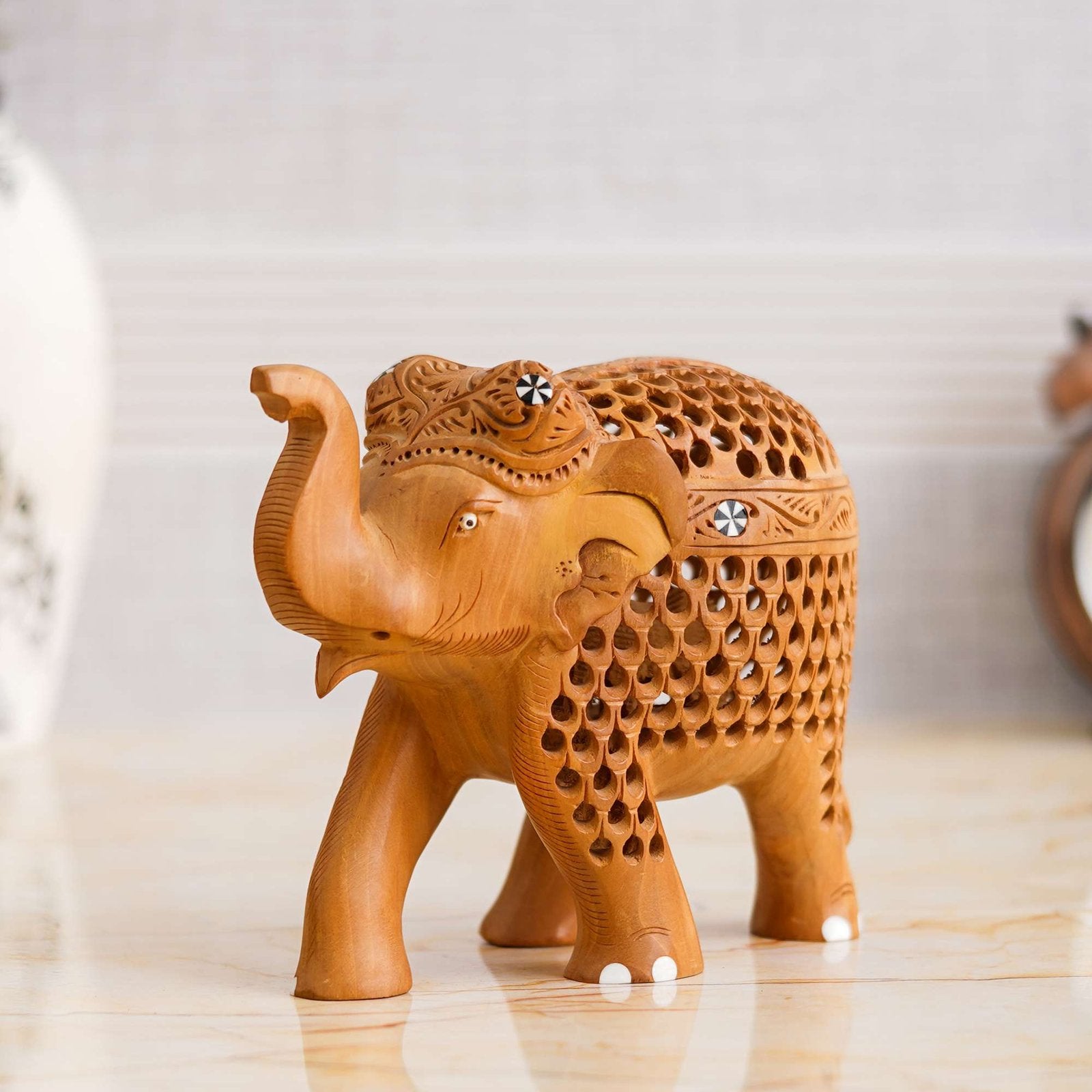 Rajasthani Tribal Handmade Brown " Elephant " Figured Wooden Statue Antique Design Elephant for Showpiece with Brown Colour