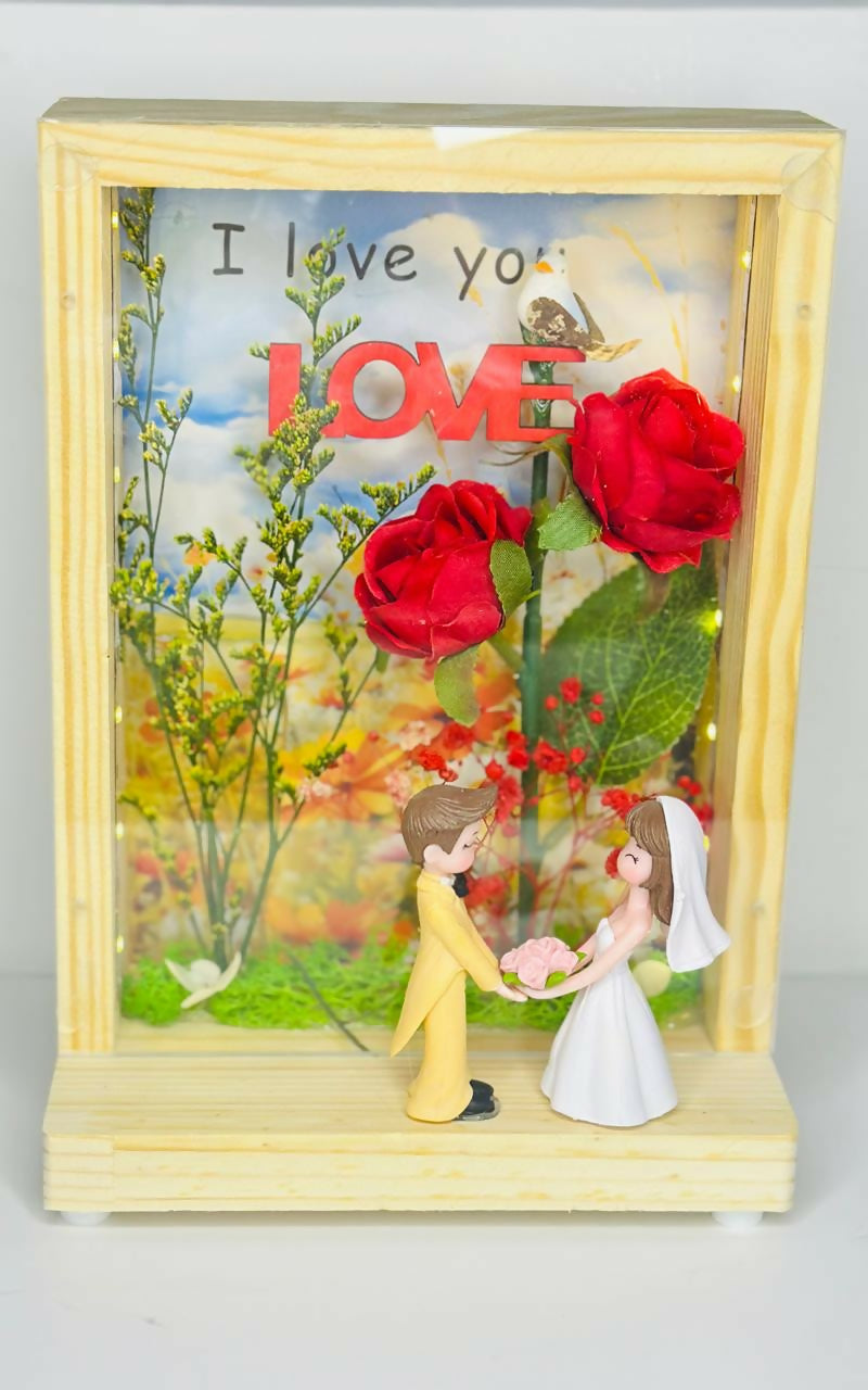 Forever Love Wooden Shadow Box with LED Lights photoframe, Rose Flowers and Couple in Love – Romantic Keepsake Gift for Anniversary, Proposals or Bedroom Decor