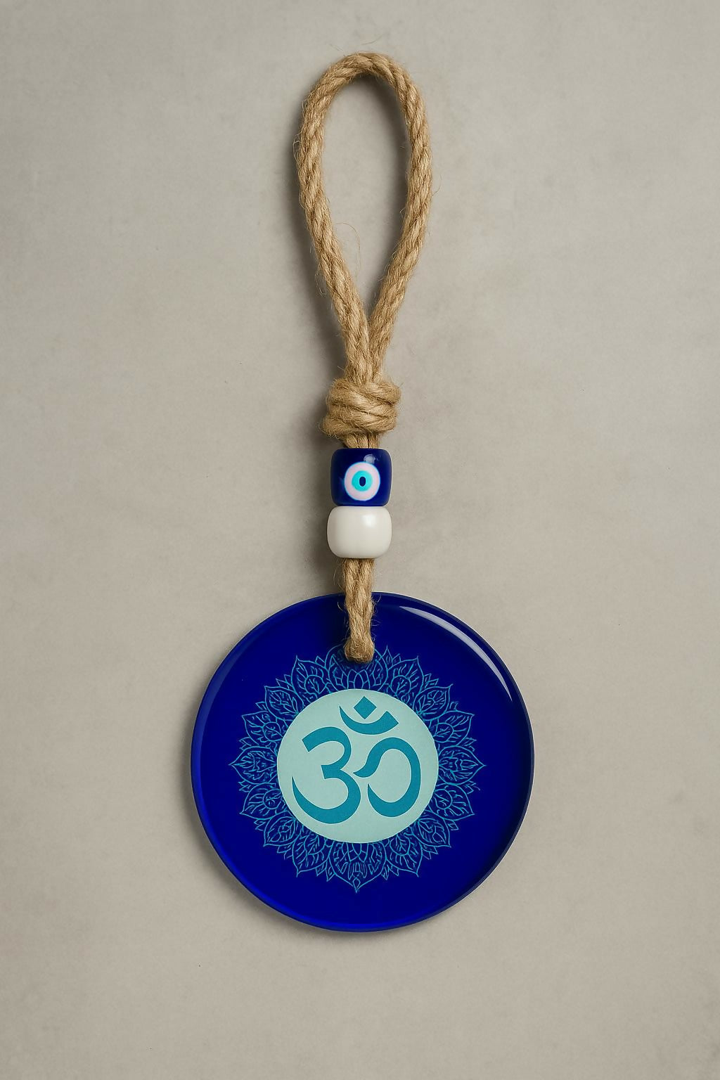 Decorative Blue Evil Eye and Om Symbol Wall Hanging – Handmade Spiritual Protection Charm with Rope Loop & Mandala Design for Positive Energy, Vastu & Home Decor Gift for Housewarming or Meditation Space