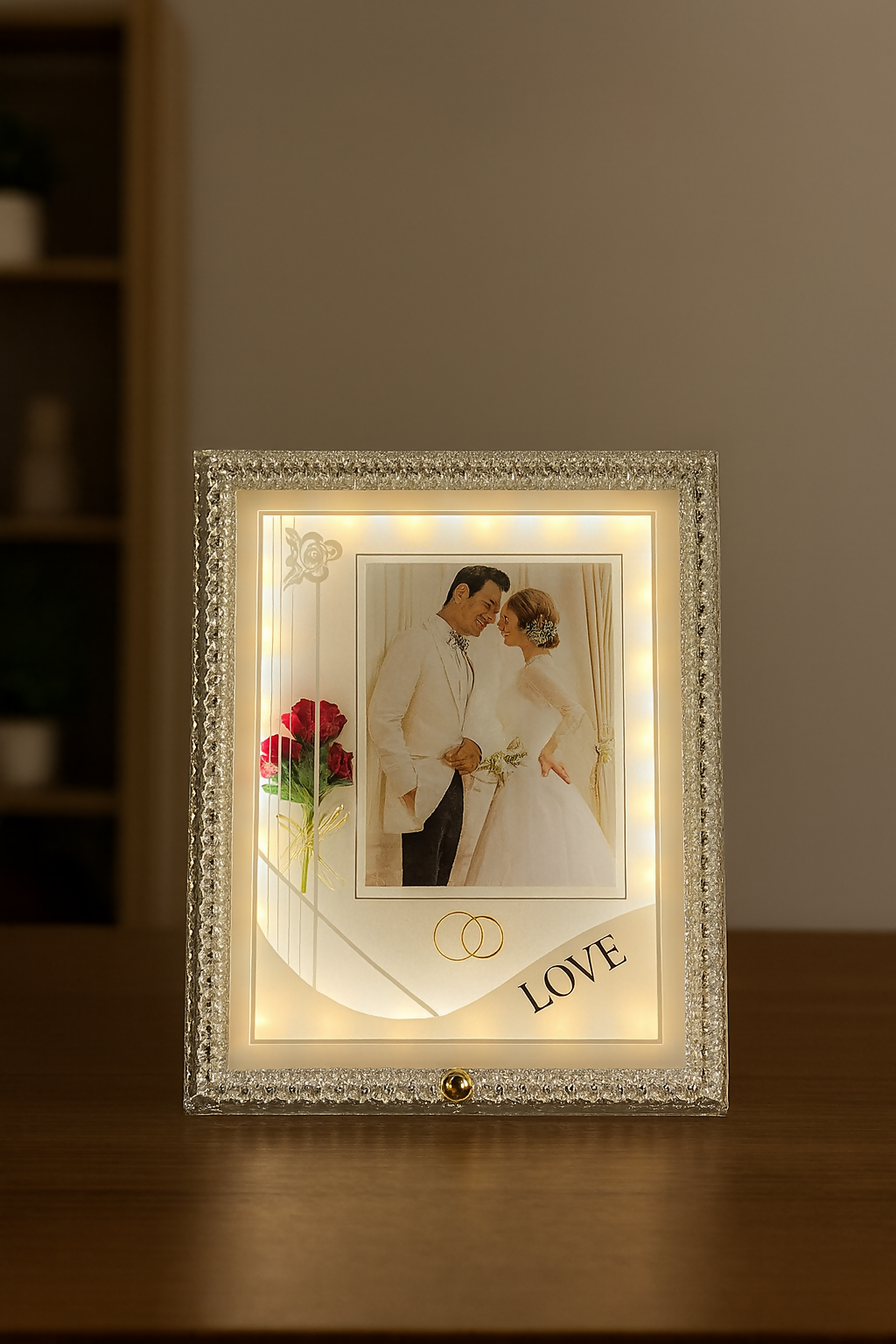 Crystal White LED Wedding Photo Frame | Elegant Square Illuminated Picture Frame with Decorative Floral Design & Rings | 4x6 Inch Couple Photo Frame | Romantic Gift for Wedding, Anniversary, Valentine’s Day & Home Décor
