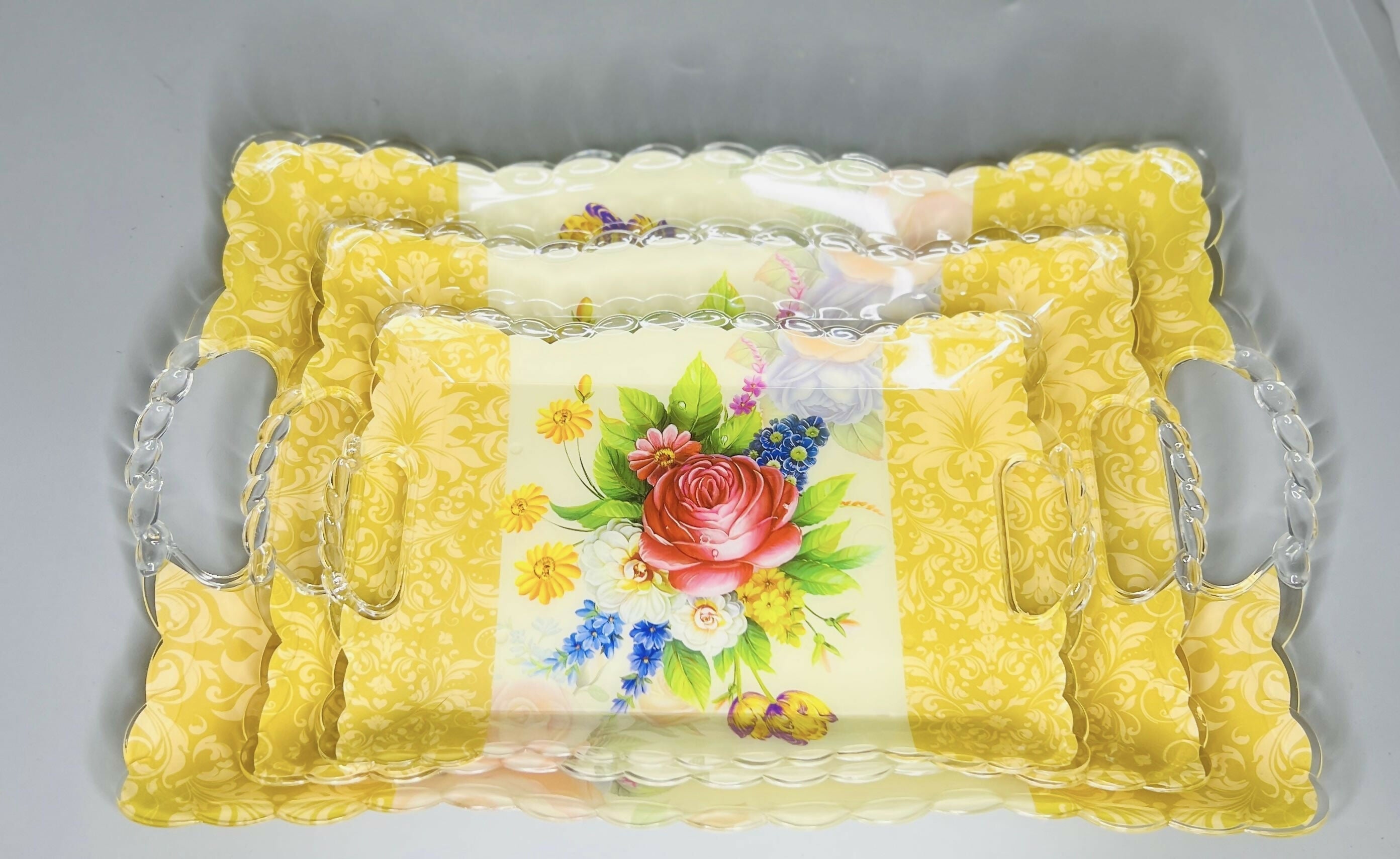 Elegant Floral Print Plastic Serving Tray Set – Pack of 3 (Golden Yellow with Multicolor Flowers)