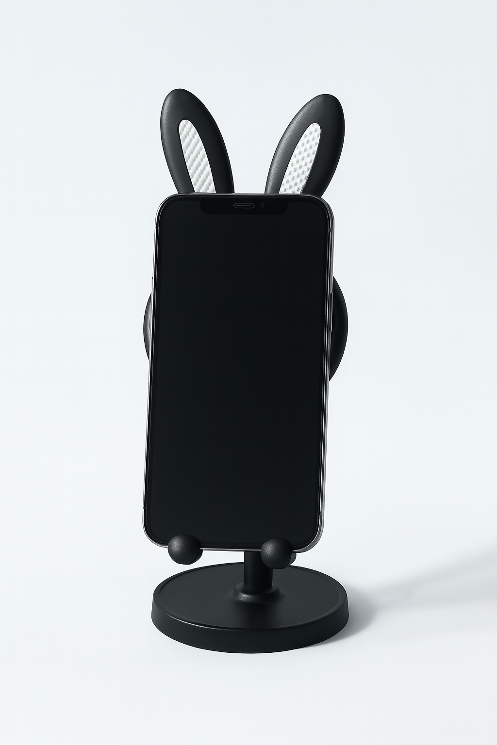 Cute Bunny Ear Mobile Phone Stand – Adjustable Desk Holder for Smartphones and Tablets – Black Minimalist Design for Office, Home, and Kids’ Study Table