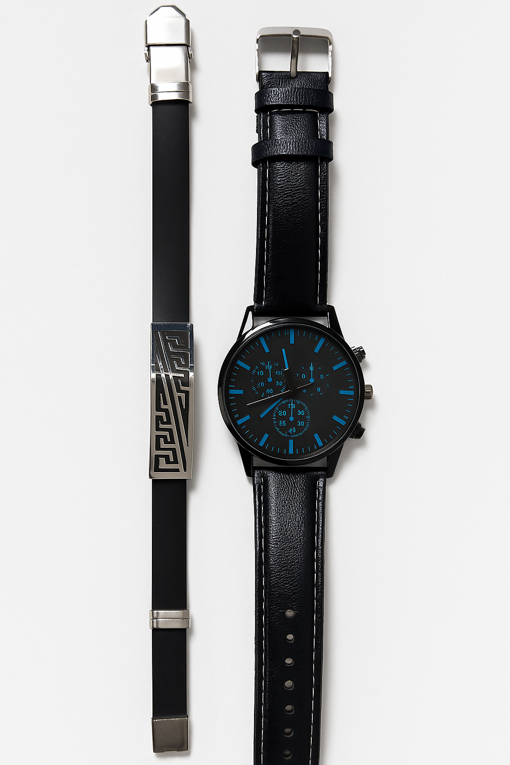 Luxury Men's Gift Set with Black Chronograph Watch and Geometric Stainless Steel Bracelet – Stylish Modern Timepiece and Bracelet Combo in Premium Presentation Box – Ideal for Birthday, Anniversary, or Corporate Gift