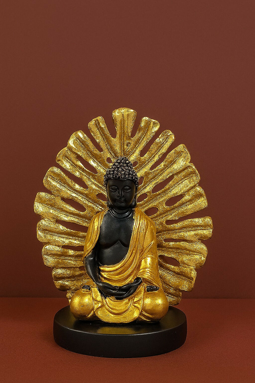HOME DECOR Black and Gold Meditating Buddha Idol with Decorative Backdrop – Resin Buddha Statue for Home Decor, Positivity & Spiritual Gifting – Elegant Sitting Buddha Showpiece for Living Room, Office & Mandir