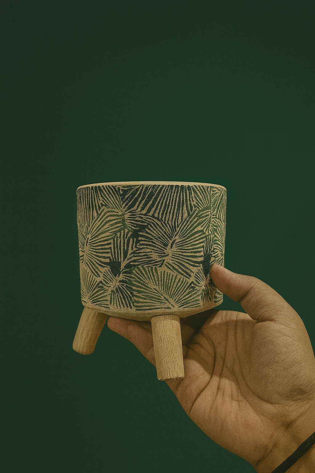 Mini Ceramic Planter Pot with Wooden Stand – Tropical Leaf Pattern Indoor Plant Pot for Succulents, Cacti & Herbs – Boho Decorative Pot for Home, Office, or Tabletop Decor – Handheld Size