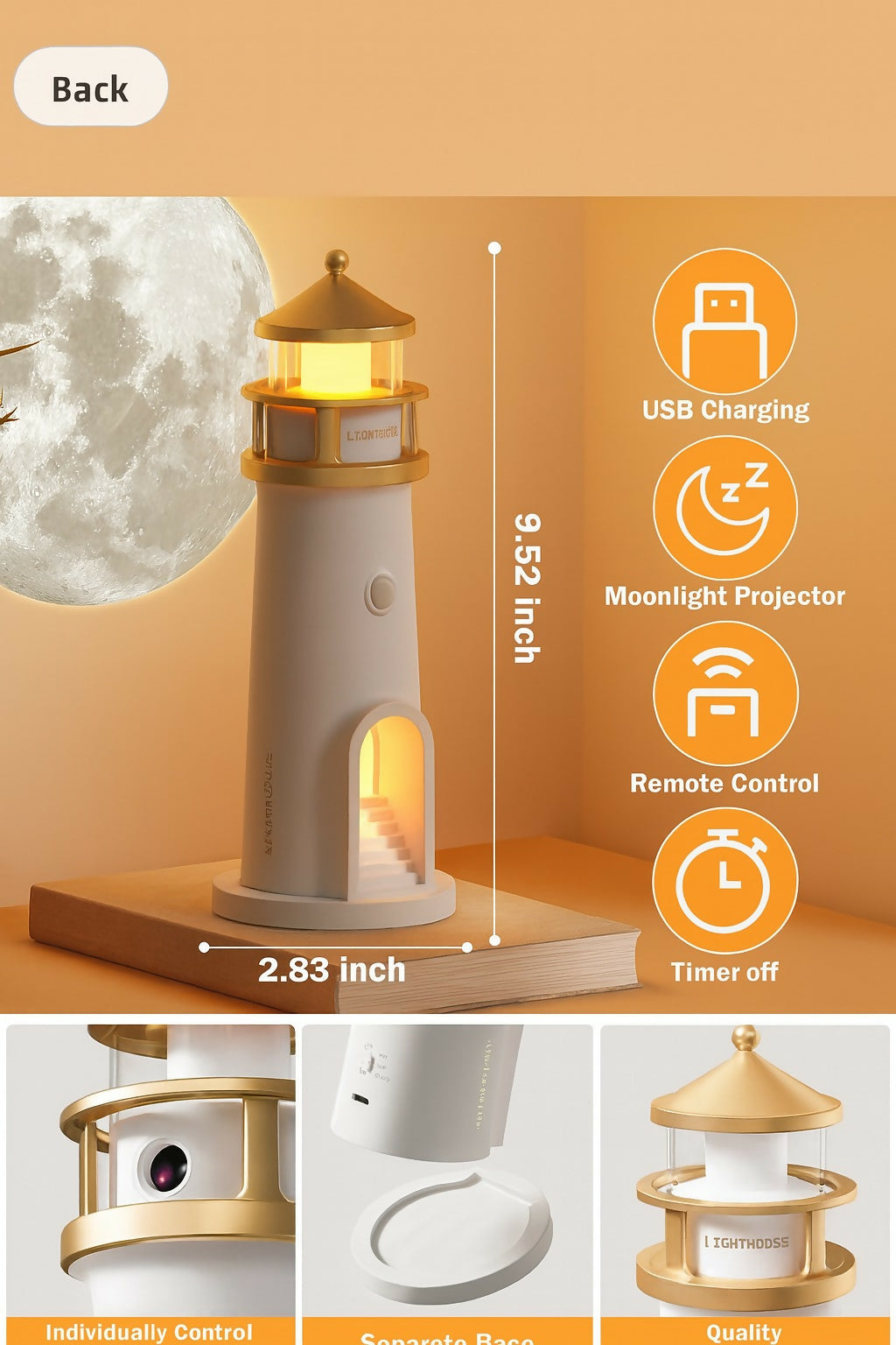 Lighthouse Moonlight Projector Lamp with Remote – USB Rechargeable Night Light for Bedroom, 4 Brightness Modes, Timer Off, Romantic Decorative Lamp for Home, Kids, Couples & Gifting