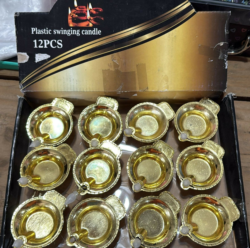 Set of 12 Decorative Golden Metal Diya with Wicks – Traditional Oil Lamp Set for Diwali, Pooja, Festive Decor & Gifting (Reusable Brass-Finish Look)