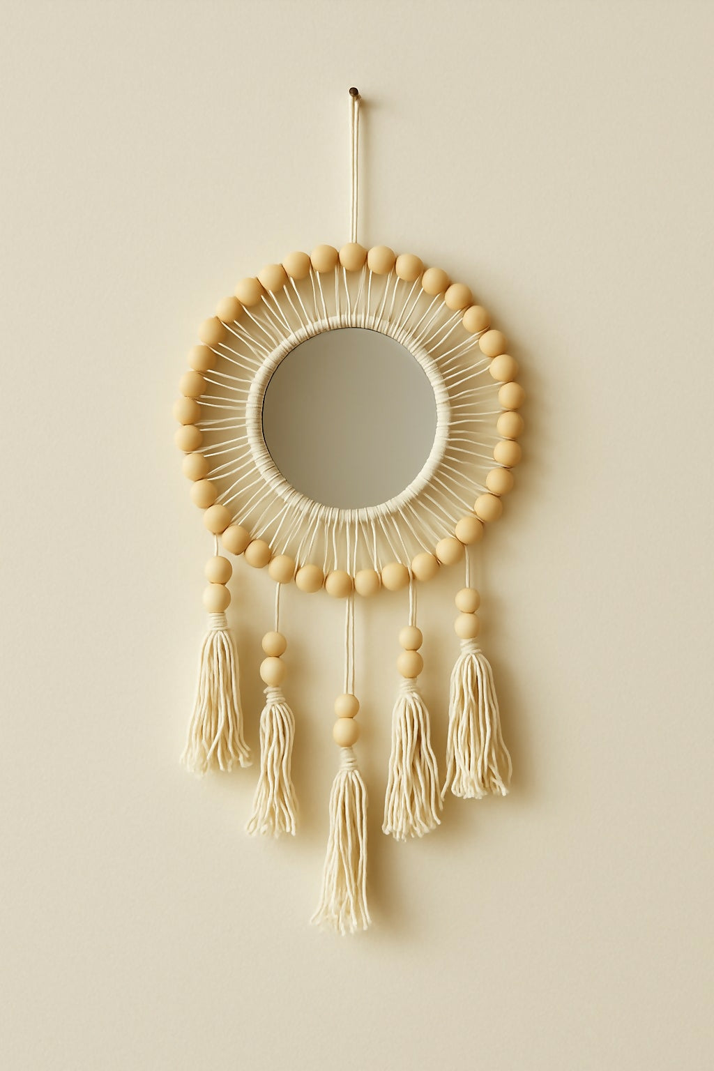 HOME DECOR Boho Wall Hanging Mirror with Wooden Beads and Tassels – Handmade Round Decorative Mirror for Living Room, Bedroom, Entryway, or Modern Bohemian Home Décor