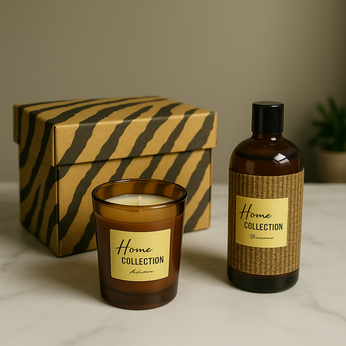 "Luxury Home Collection Gift Set with Scented Candle and Reed Diffuser – Elegant Aromatherapy Kit for Relaxation & Decor – Brown Amber Jar & Fragrance Bottle in Designer Zebra Box – Ideal for Home, Office, Gifting"