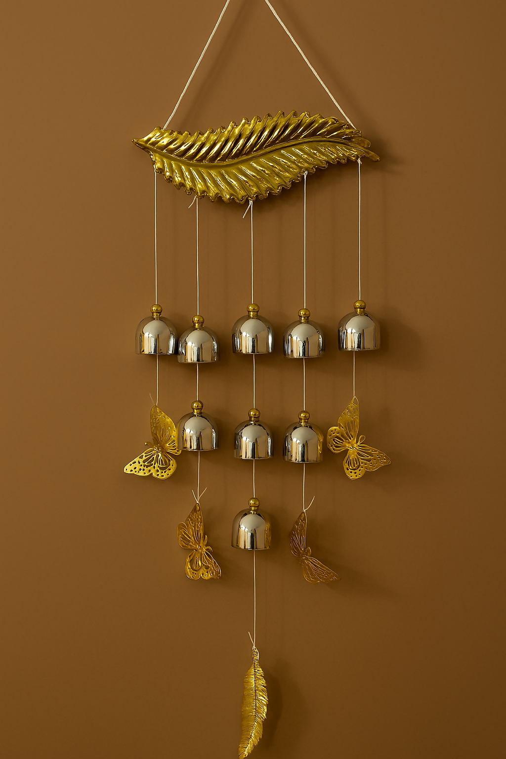 Elegant Golden Leaf Wind Chime with Silver Bells and Hanging Golden Butterflies – Decorative Wall Hanging Bell Chime for Home, Balcony, Garden, or Indoor Feng Shui Accents – Soothing Sound & Aesthetic Charm