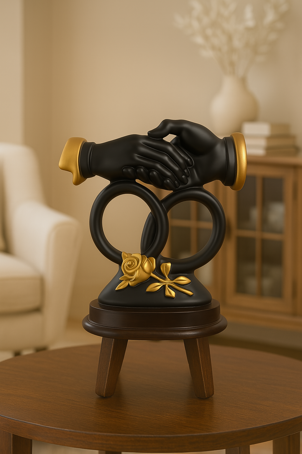 HOME DECOR Elegant Black & Gold Handshake Couple Showpiece with Dual Rings and Rose Design | Romantic Resin Sculpture for Home Decor, Anniversary Gift, Wedding Decor, or Table Centerpiece