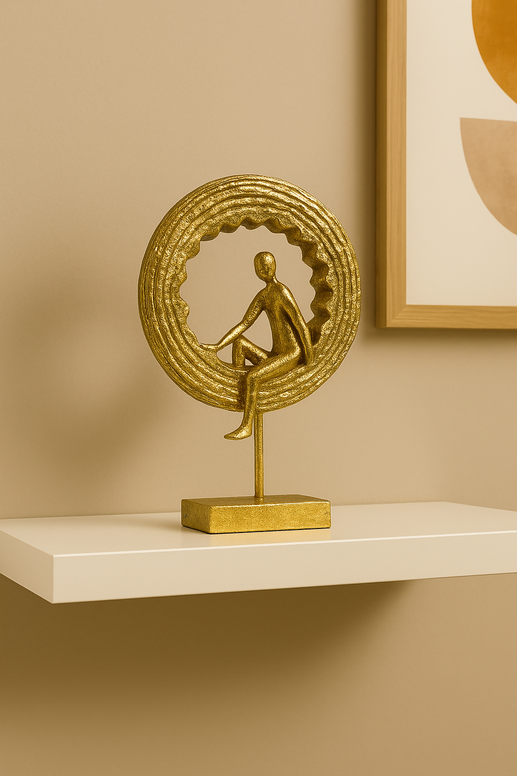 HOME DECOR Modern Abstract Golden Resin Human Figurine Showpiece for Home Decor | Contemporary Art Sculpture for Living Room, Office, Shelf, or Table Decoration – Premium Sitting Man Inside Ring Design