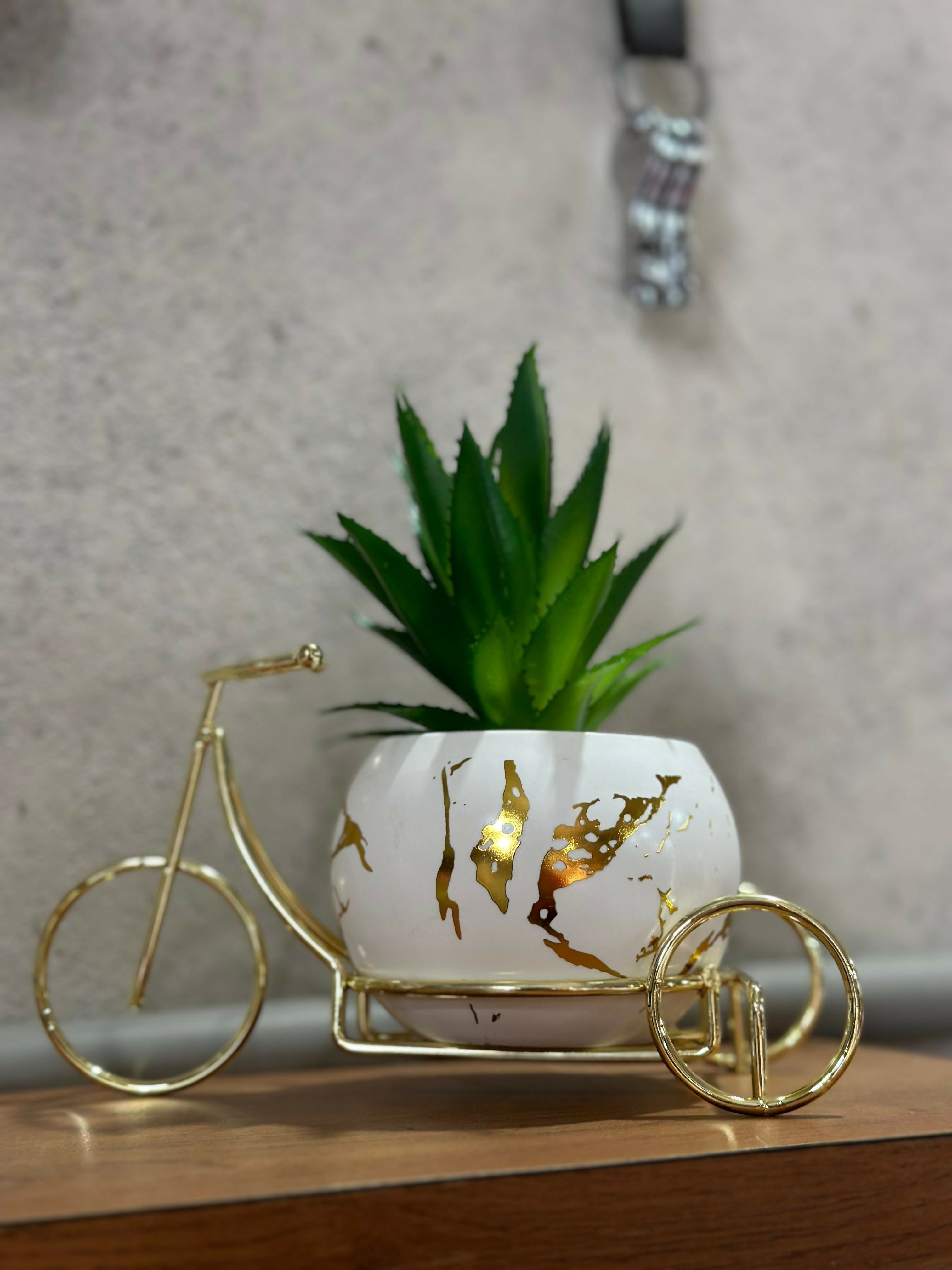 Golden Cycle-Shaped Planter Stand with White Ceramic Pot & Artificial Succulent | Stylish Tabletop Plant Decor for Home, Office, and Gifting | Miniature Bike Planter Showpiece