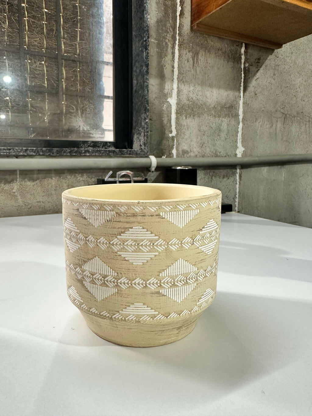 Handcrafted Beige Ceramic Planter Pot with White Tribal Pattern – Decorative Indoor Pot for Home, Office, or Tabletop Display – Boho Style Flower Pot