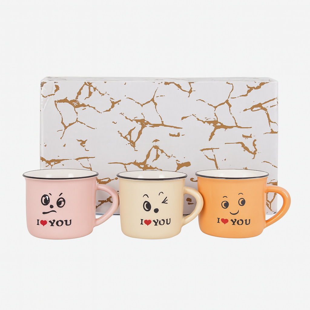 Set of 6 Colorful Emoji Ceramic Coffee Mugs with "I ❤️ YOU" Print – Cute Face Expressions – 180ml Tea Cups – Gift Box Packed – Ideal for Gifting, Home & Office Use