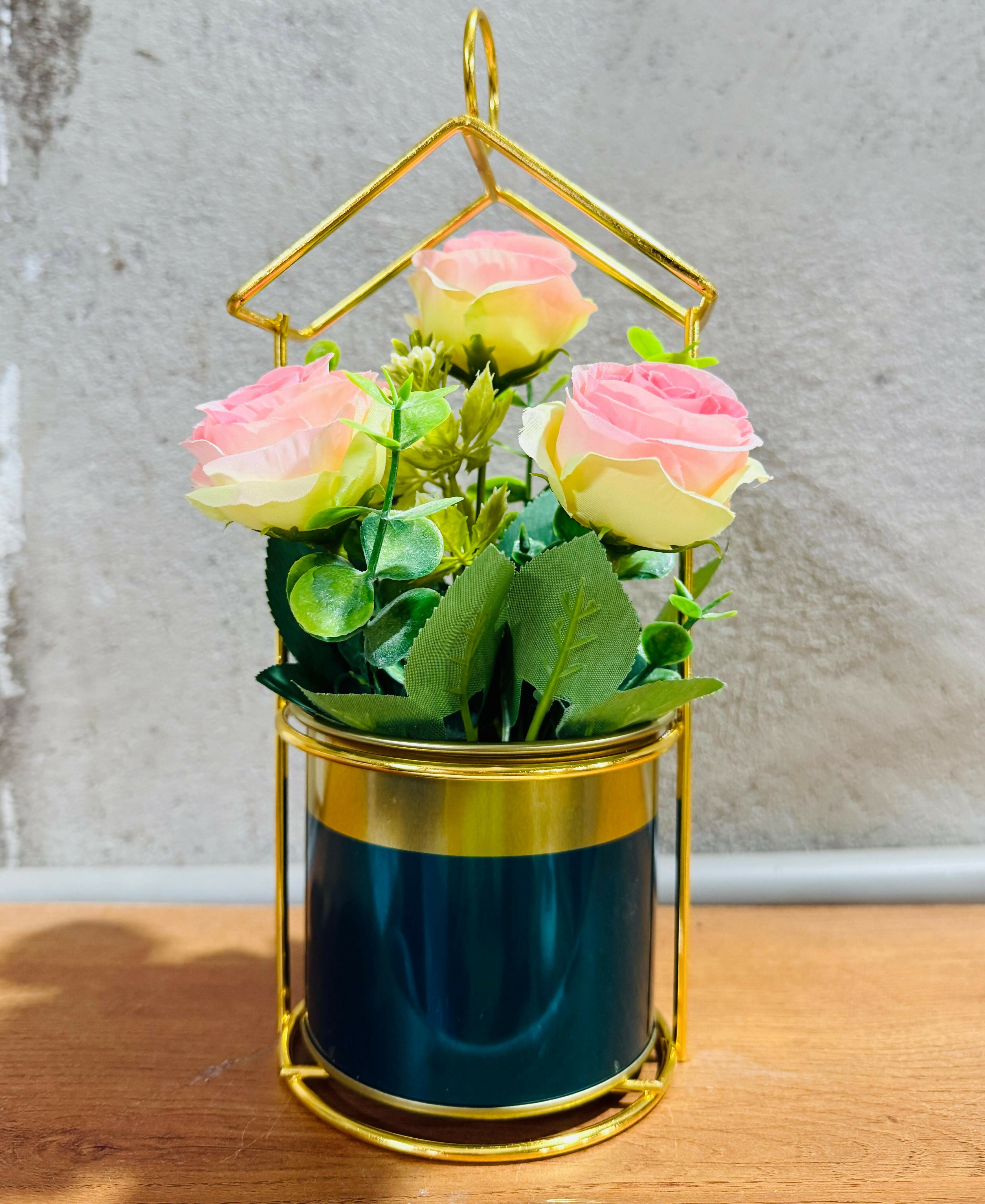 Artificial Pink and Cream Rose Flower Arrangement in Dark Green & Gold Metal Pot with Geometric Stand – Elegant Decorative Centerpiece for Home, Office, and Gifting