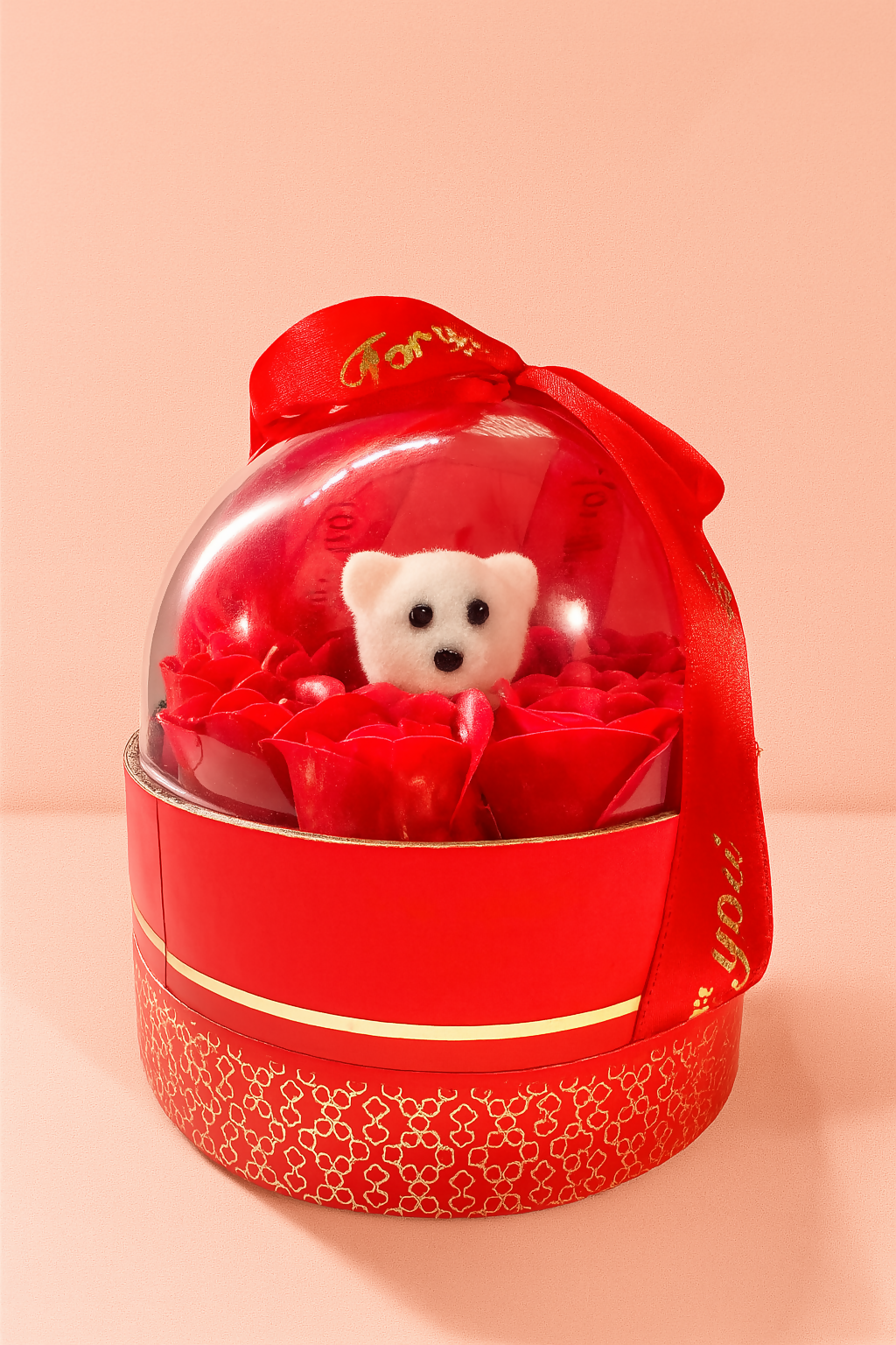 Romantic Red Dome-Shaped Gift Box with Teddy Bear & Artificial Rose Flowers – Best Wishes Gift Hamper for Girlfriend, Wife, Anniversary, Valentine's Day & Birthday – Decorative Round Packaging with Handle