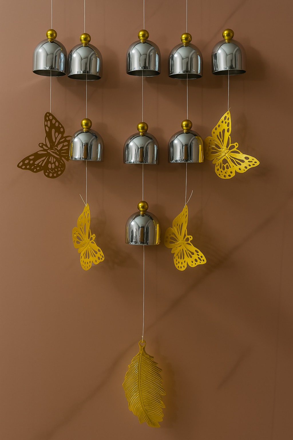 Elegant Golden Leaf Wind Chime with Silver Bells and Hanging Golden Butterflies – Decorative Wall Hanging Bell Chime for Home, Balcony, Garden, or Indoor Feng Shui Accents – Soothing Sound & Aesthetic Charm