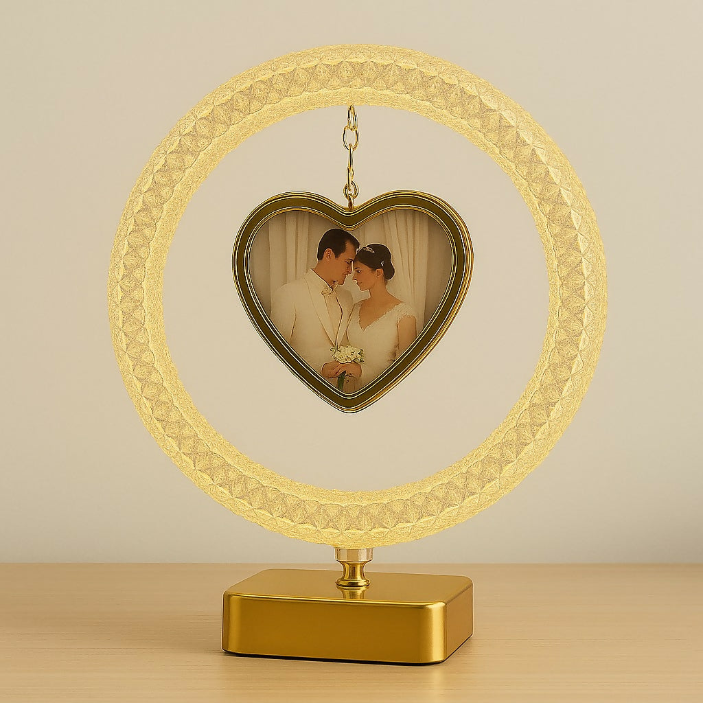 Golden Ring LED Heart-Shaped Hanging Photo Frame – Romantic Decorative Tabletop Picture Display with Warm Light – Wedding Anniversary Gift, Couple Photo Stand for Bedroom & Home Decor