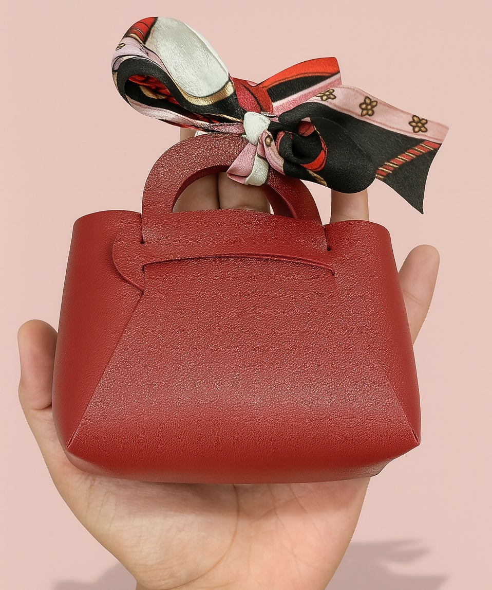 Stylish Red PU Leather Mini Handbag with Printed Fabric Bow | Elegant Gift Pouch for Jewelry, Candy, Return Gifts, Party Favors for Women & Girls