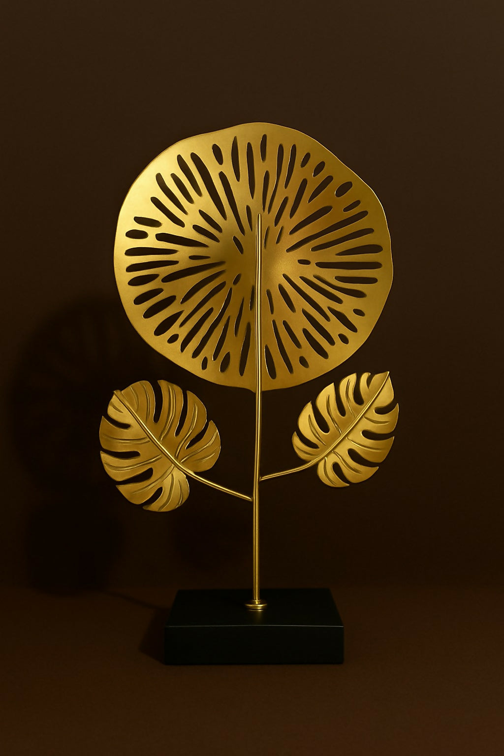 HOME DECOR Handcrafted Metal Flower Table Decor with Abstract Leaf Design – Golden Floral Art Sculpture on Black Base – Modern Home & Office Desktop Showpiece for Living Room, Hall, Reception & Gifting