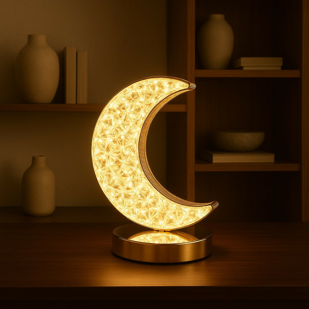 Golden Crystal LED Moon Lamp – 3 Color Modes (White, Warm & Natural Light) – Elegant Crescent Night Light for Bedroom, Table Decor, or Gift – USB Rechargeable Touch Control Moonlight Lamp