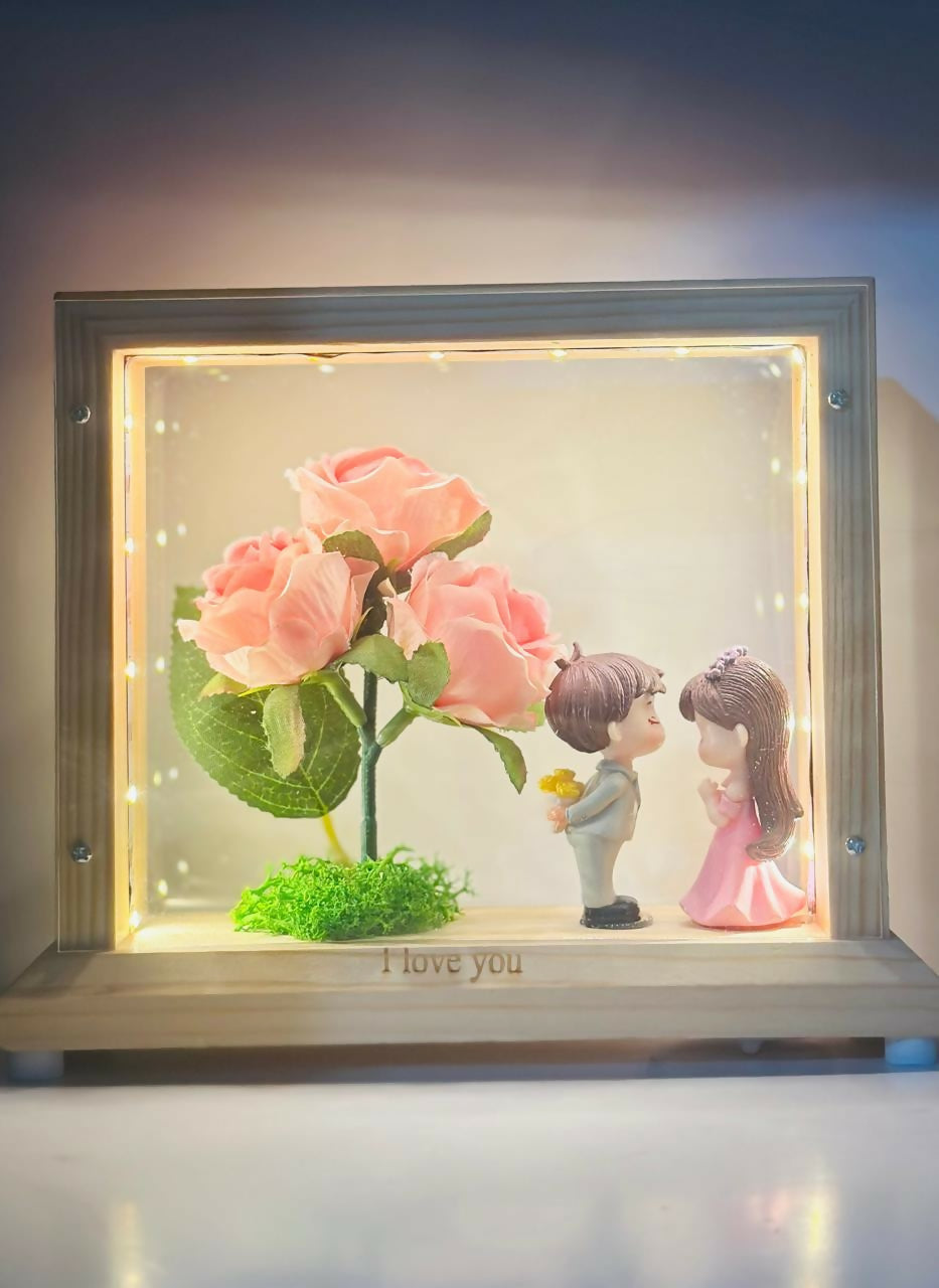 LED Wooden Shadow Box with Pink Rose Flowers and Kissing Couple Figurines – I Love You Light-Up Display for Valentine's Day, Anniversary, or Bedroom Table Decor Gift for Her or Him