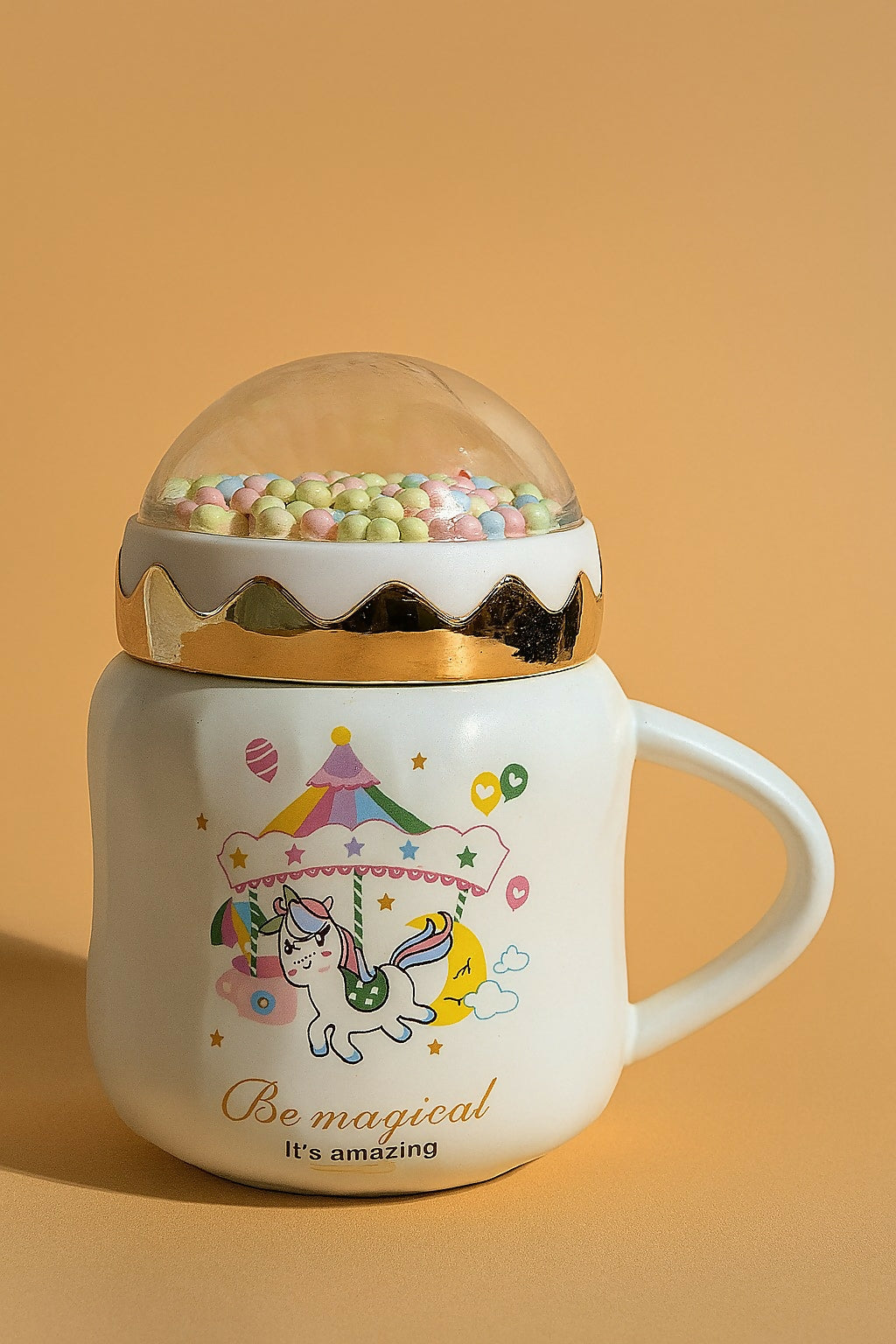 Cute Unicorn Ceramic Mug with Dome Lid – Comfortable “Happy Life” Cartoon Coffee Mug for Kids & Girls – Adorable Gift Cup with Golden Crown Accent and Pastel Decorative Beads