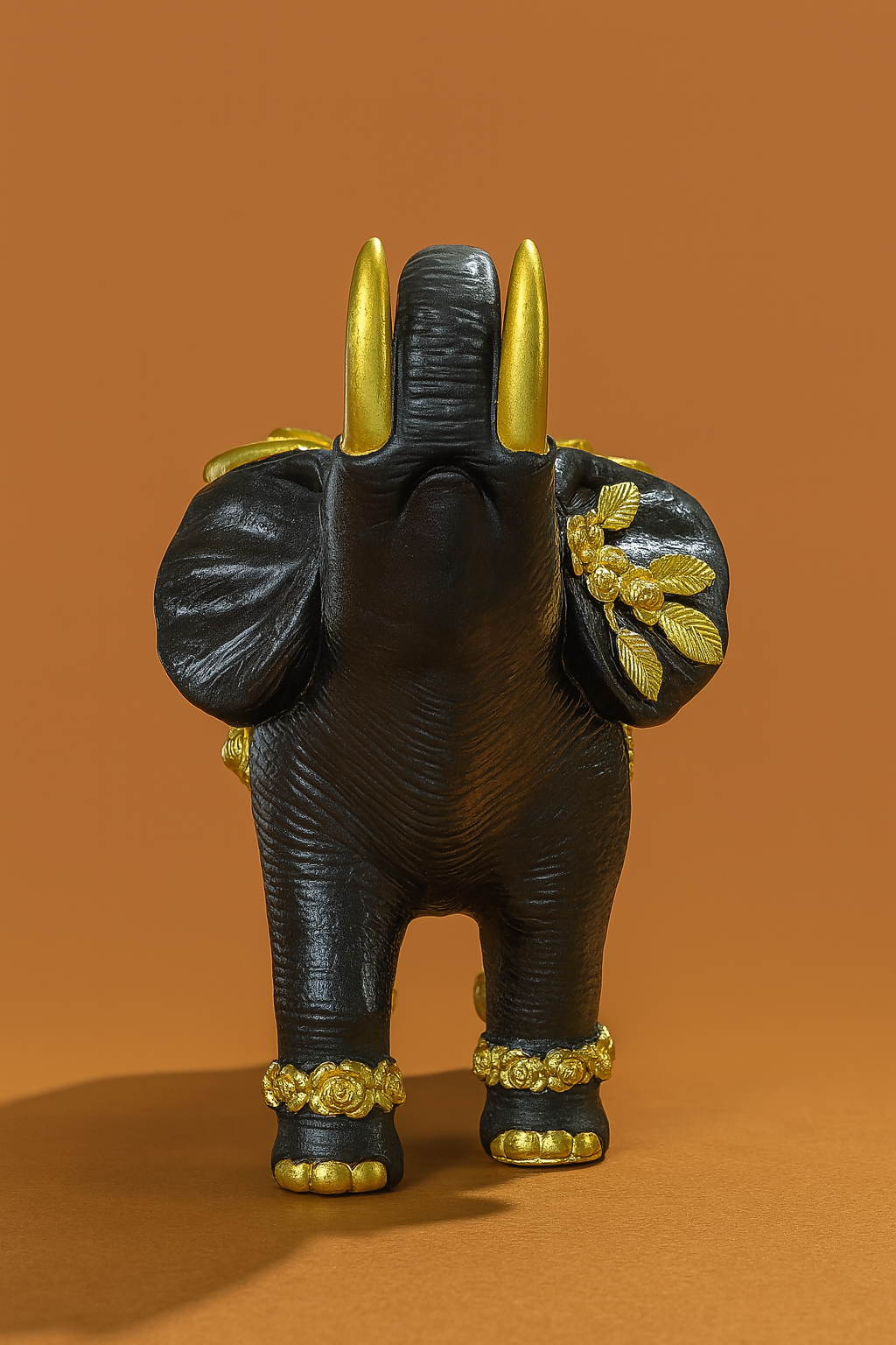 HOME DECOR Luxury Black and Gold Elephant Statue with Floral Embellishments
