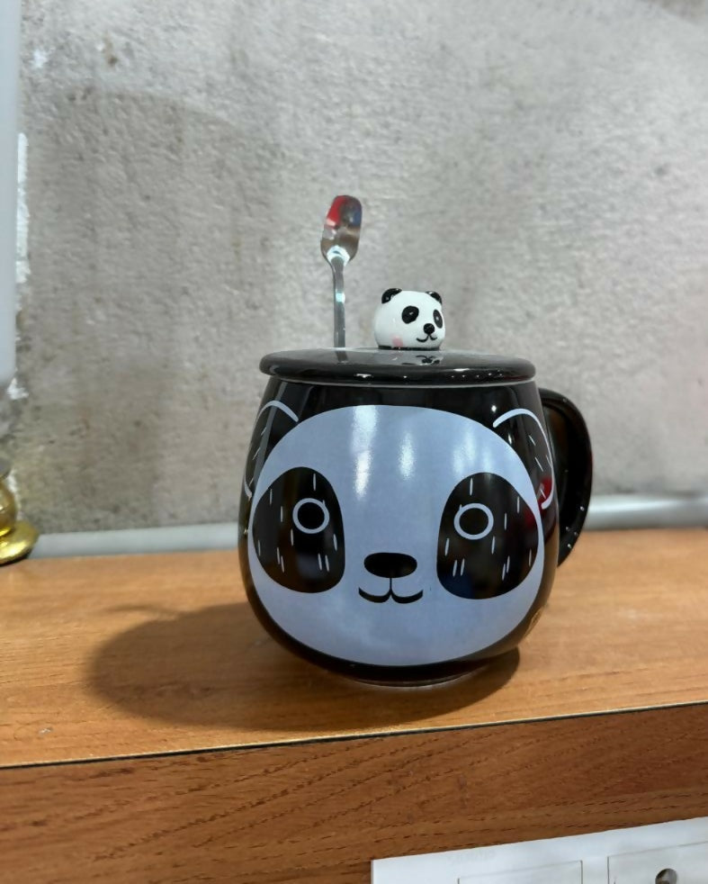 Black Panda Ceramic Mug with Lid & Spoon | Cute Cartoon Panda Coffee & Tea Cup | Large Capacity Milk Mug with Crown Panda Print | Gift Mug for Kids, Women & Panda Lovers
