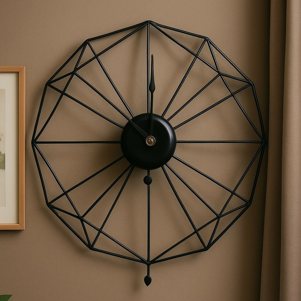 HOME DECOR Geometric Metal Wall Clock in Minimalist Black Finish – Large Decorative Open Frame Wall Clock with Unique Spoke Design for Modern Living Room, Office, Bedroom & Cafe Wall Decor