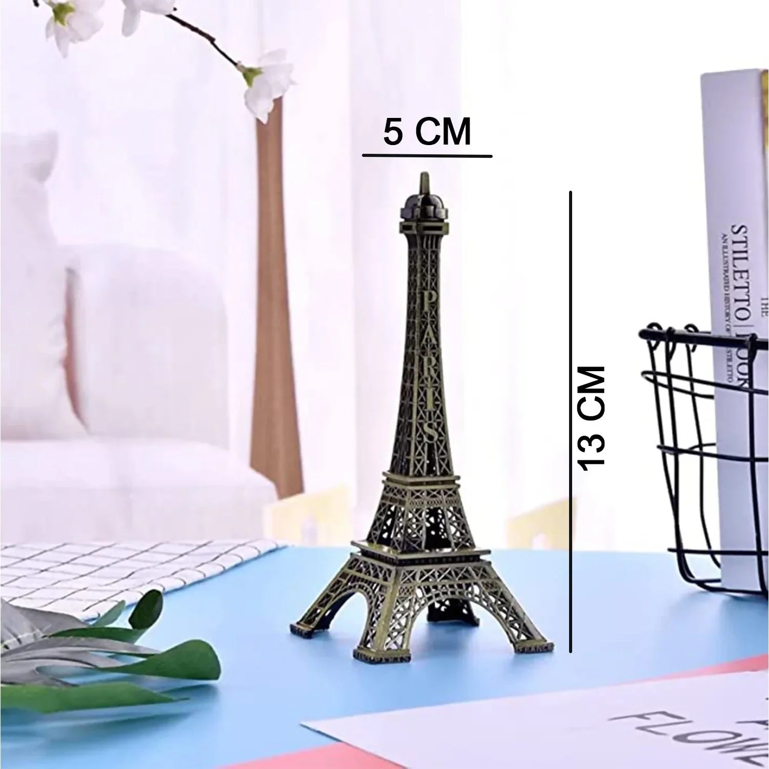 Miniature Eiffel Tower Statue – 13 cm Height × 5 cm Width – Paris Souvenir Decorative Showpiece for Home, Office & Desk Décor – Vintage Bronze Finish Metal Model