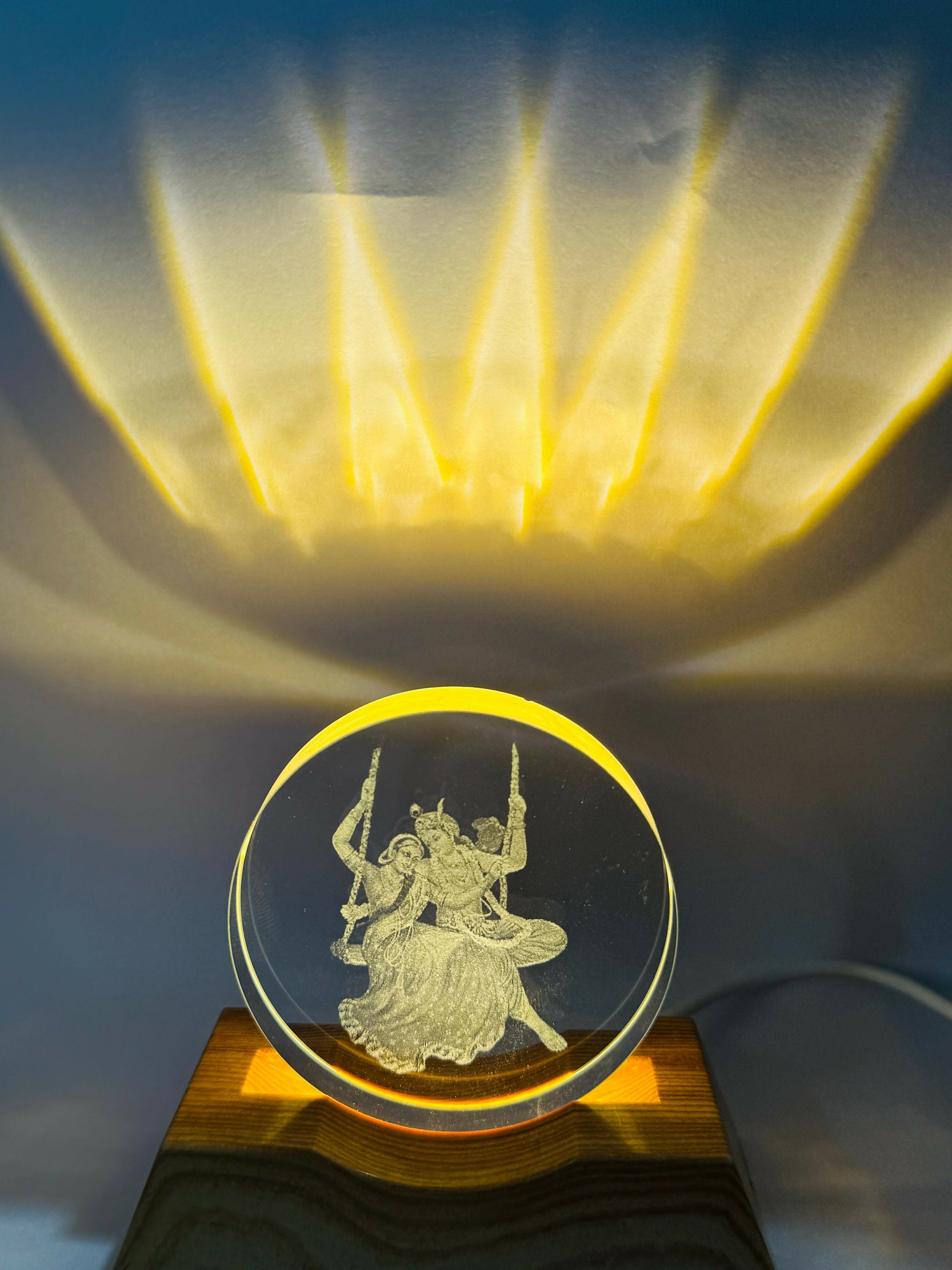 Radha Krishna Swing 3D LED Night Lamp with Wooden Base | Laser Engraved Acrylic Light for Home Temple, Spiritual Decor & Festive Gifting | Romantic Glow Mood Lamp for Bedroom & Living Room