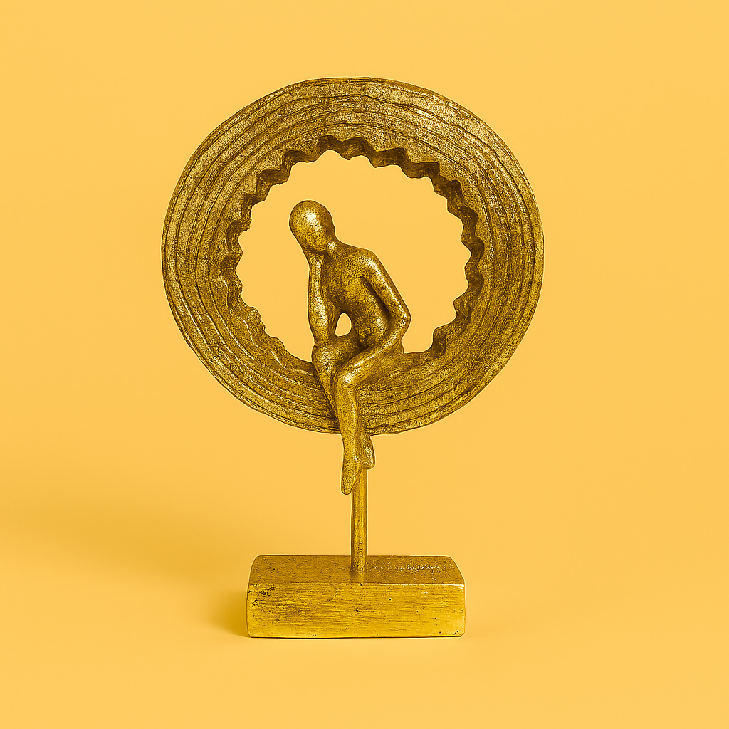 HOME DECOR Modern Abstract Golden Resin Thinking Man Sculpture | Minimalist Decorative Showpiece for Home, Office, Study Table, or Bookshelf – Thoughtful Human Figure Inside Circular Ring