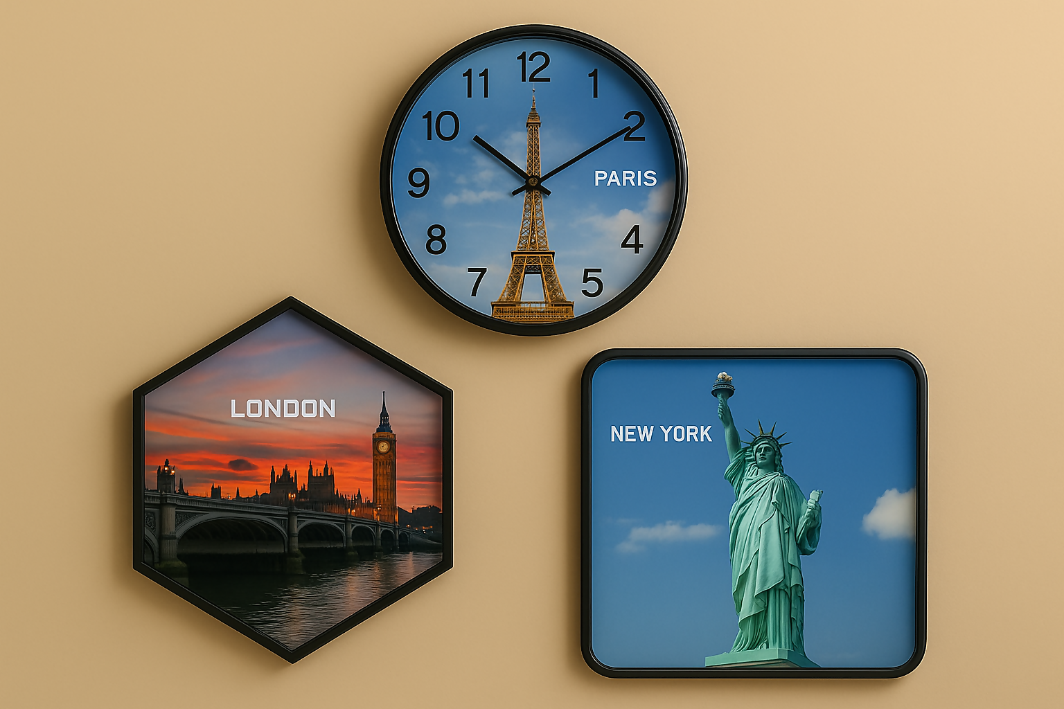 HOME DECOR 3-Piece World Landmark Wall Decor Set with Silent Paris Clock | Eiffel Tower, Big Ben, and Statue of Liberty Art Prints – Modern Travel-Themed Wall Art for Home, Office, Living Room & Study