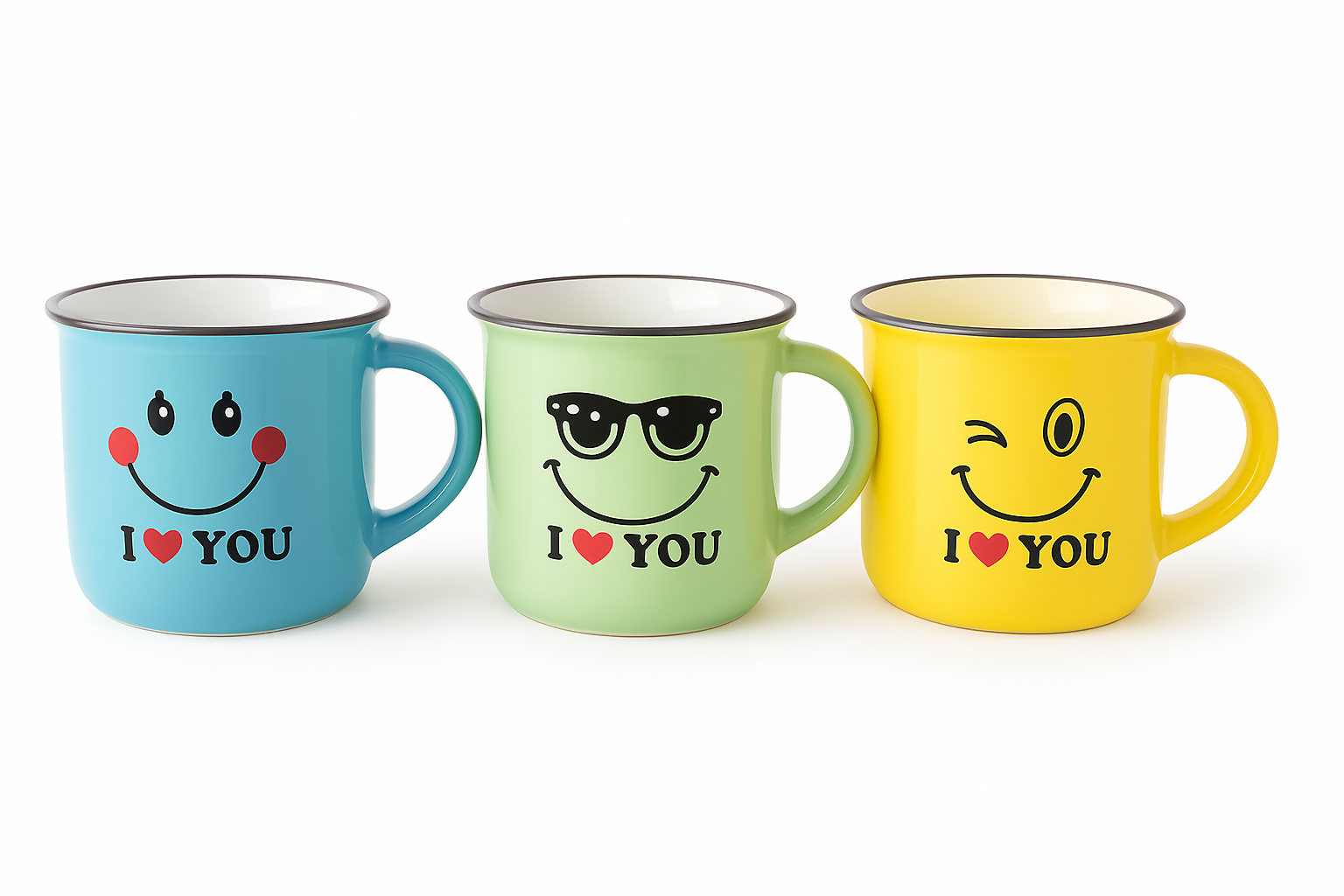 Set of 6 Colorful Emoji Ceramic Coffee Mugs with "I ❤️ YOU" Print – Cute Face Expressions – 180ml Tea Cups – Gift Box Packed – Ideal for Gifting, Home & Office Use